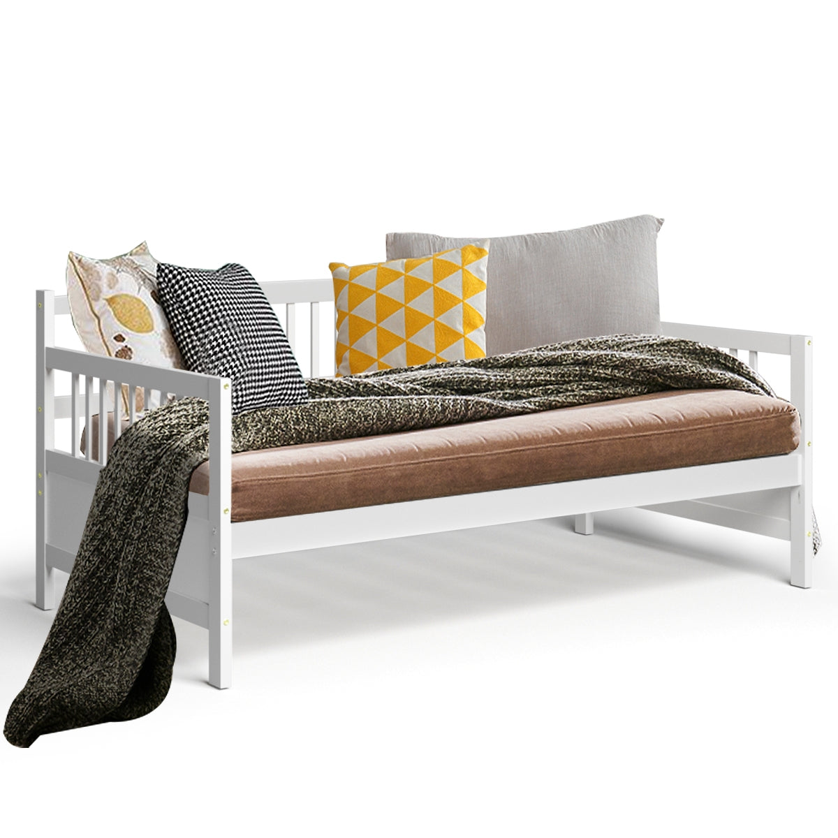 Solid Wood Daybed with Side Rails and 12 Inch Underbed Clearance White Slatted Frame for Living Room or Bedroom Twin
