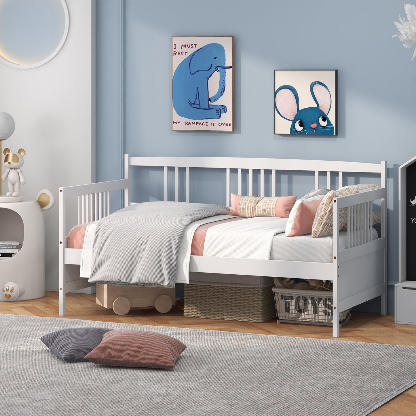 Solid Wood Daybed with Side Rails and 12 Inch Underbed Clearance White Slatted Frame for Living Room or Bedroom Twin