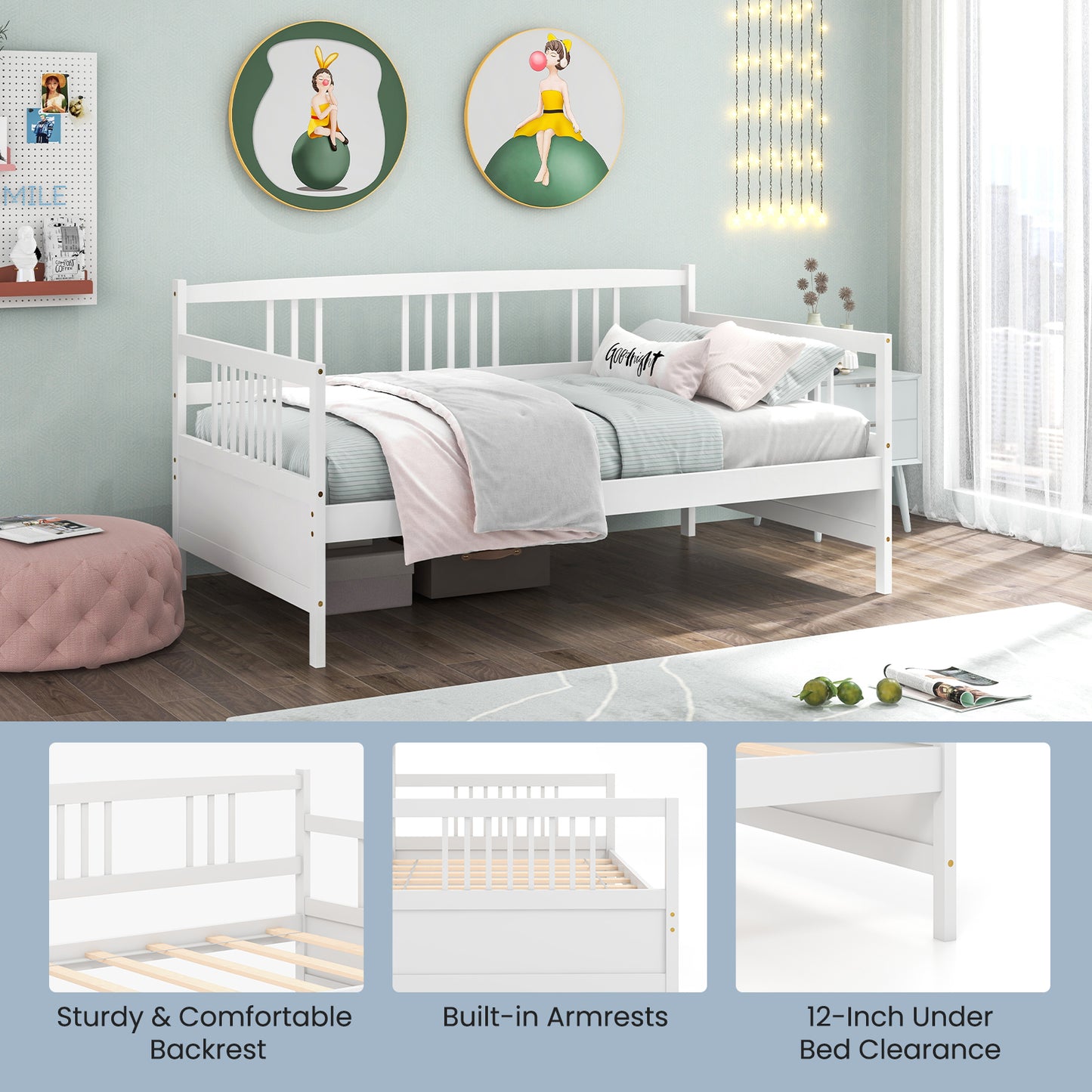 Solid Wood Daybed with Side Rails and 12 Inch Underbed Clearance White Slatted Frame for Living Room or Bedroom Twin