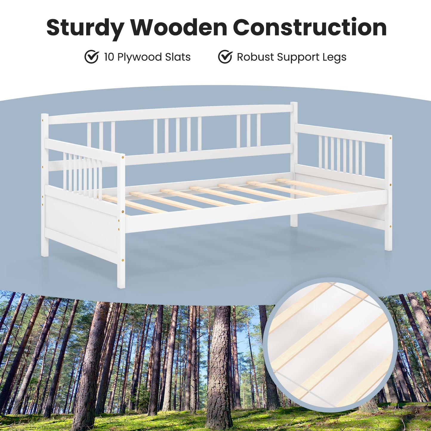 Solid Wood Daybed with Side Rails and 12 Inch Underbed Clearance White Slatted Frame for Living Room or Bedroom Twin