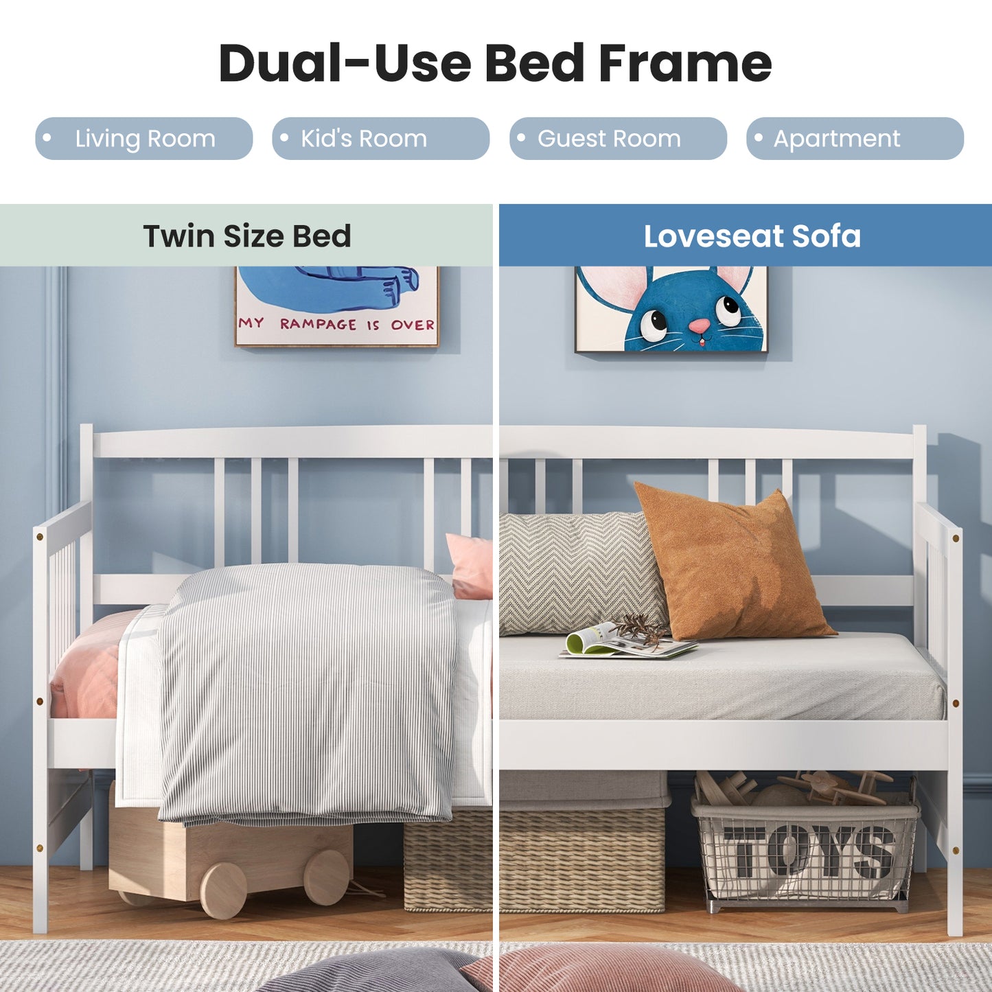 Solid Wood Daybed with Side Rails and 12 Inch Underbed Clearance White Slatted Frame for Living Room or Bedroom Twin