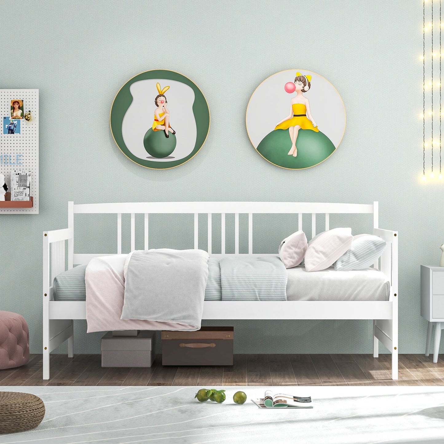 Solid Wood Daybed with Side Rails and 12 Inch Underbed Clearance White Slatted Frame for Living Room or Bedroom Twin