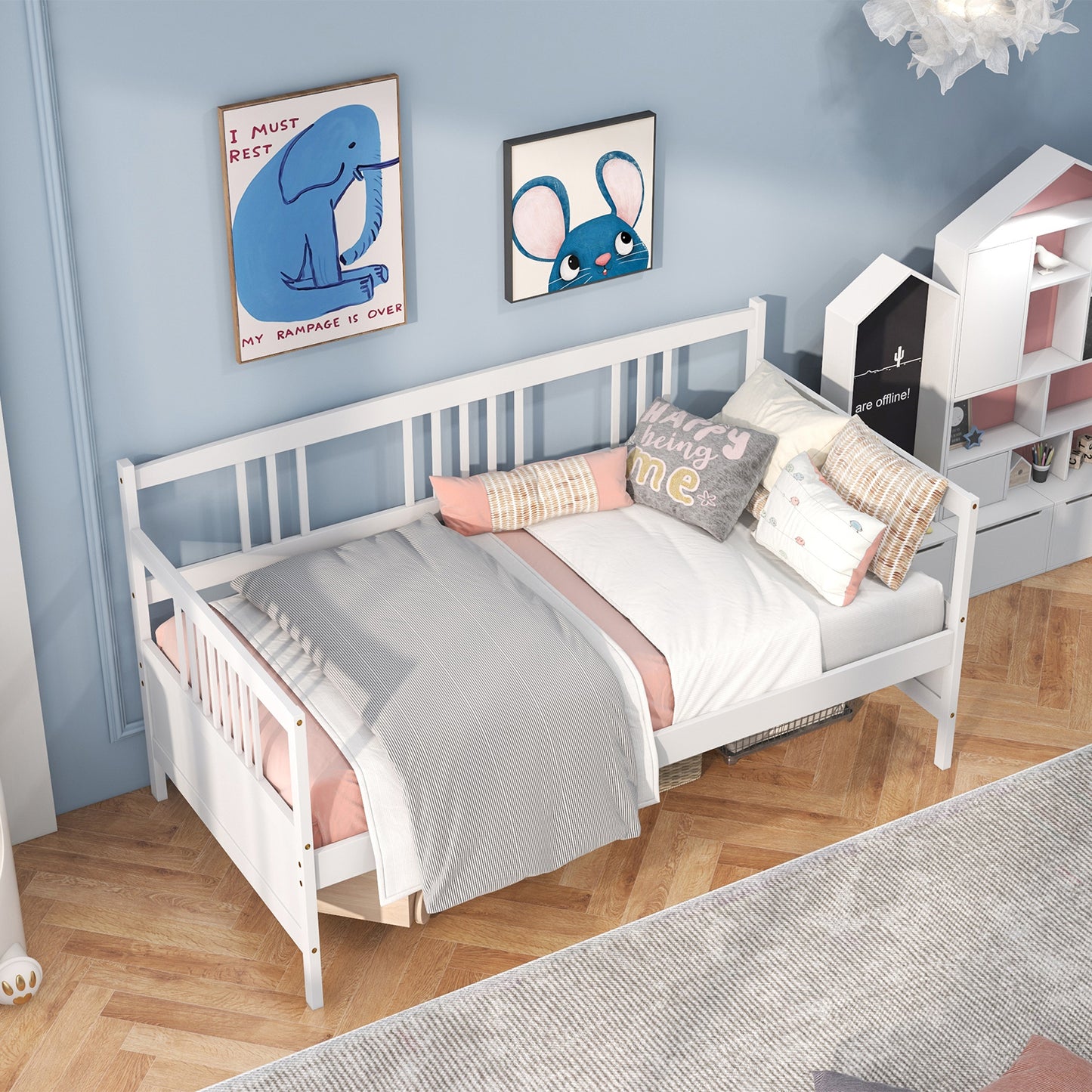 Solid Wood Daybed with Side Rails and 12 Inch Underbed Clearance White Slatted Frame for Living Room or Bedroom Twin