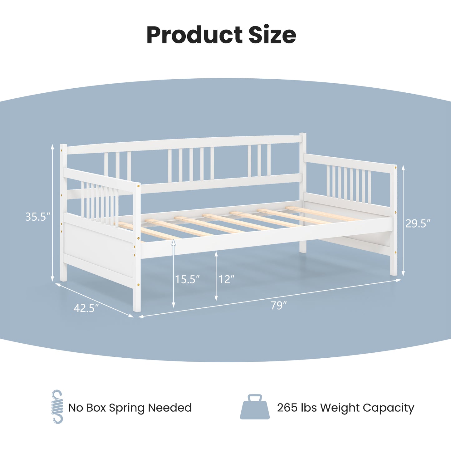 Solid Wood Daybed with Side Rails and 12 Inch Underbed Clearance White Slatted Frame for Living Room or Bedroom Twin