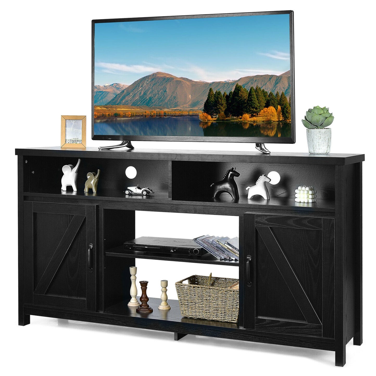 Rustic 59 Inch TV Stand with Sliding Barn Doors and Adjustable Storage for TVs Up to 65 Inches - Black