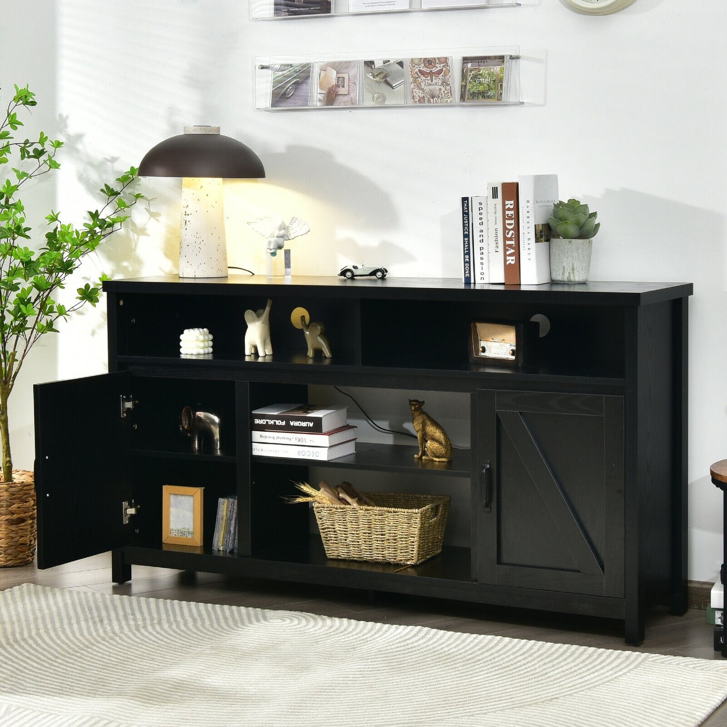Rustic 59 Inch TV Stand with Sliding Barn Doors and Adjustable Storage for TVs Up to 65 Inches - Black