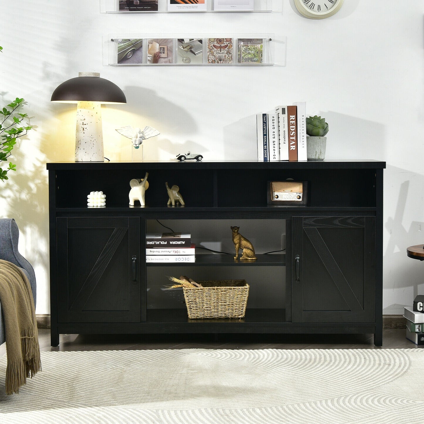 Rustic 59 Inch TV Stand with Sliding Barn Doors and Adjustable Storage for TVs Up to 65 Inches - Black