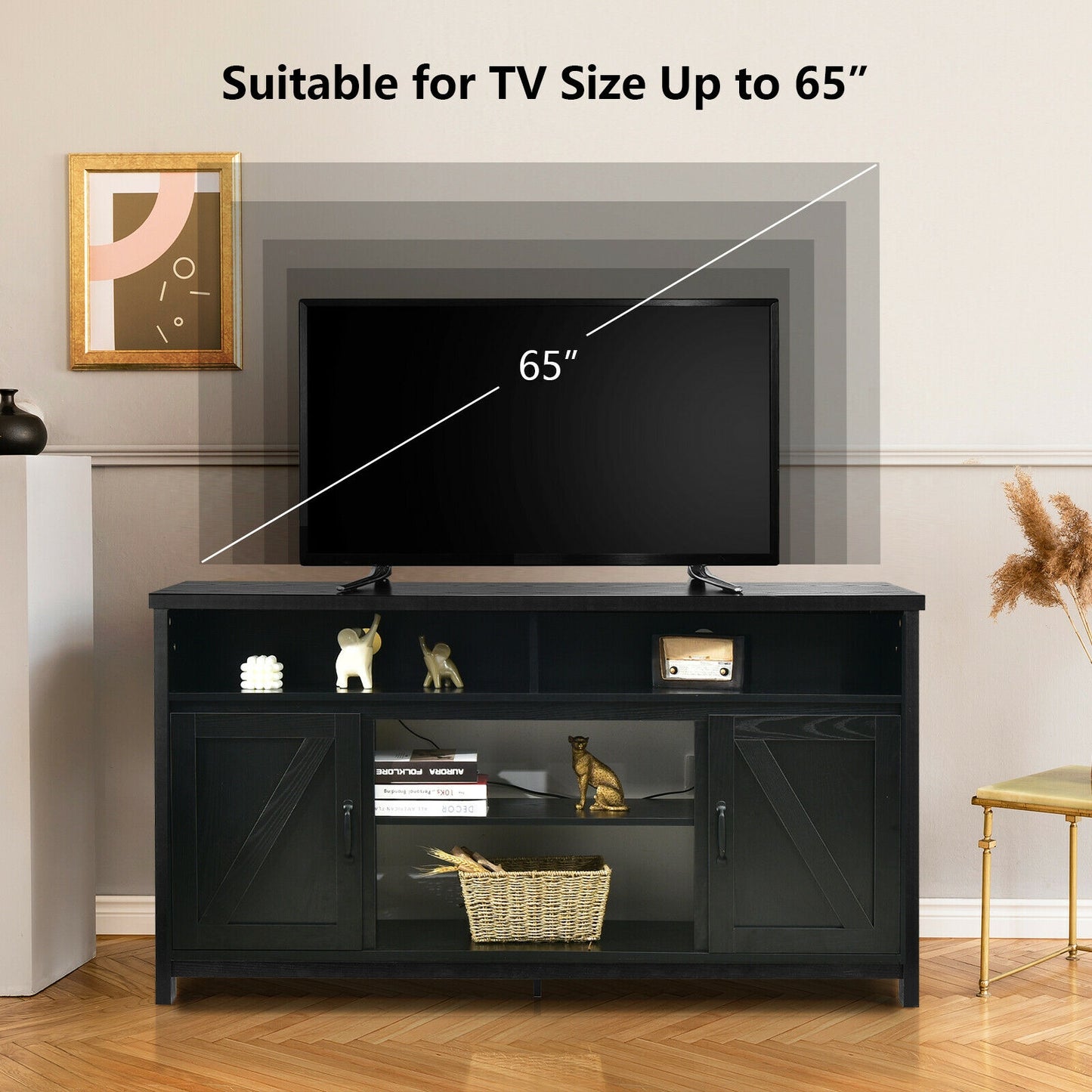 Rustic 59 Inch TV Stand with Sliding Barn Doors and Adjustable Storage for TVs Up to 65 Inches - Black