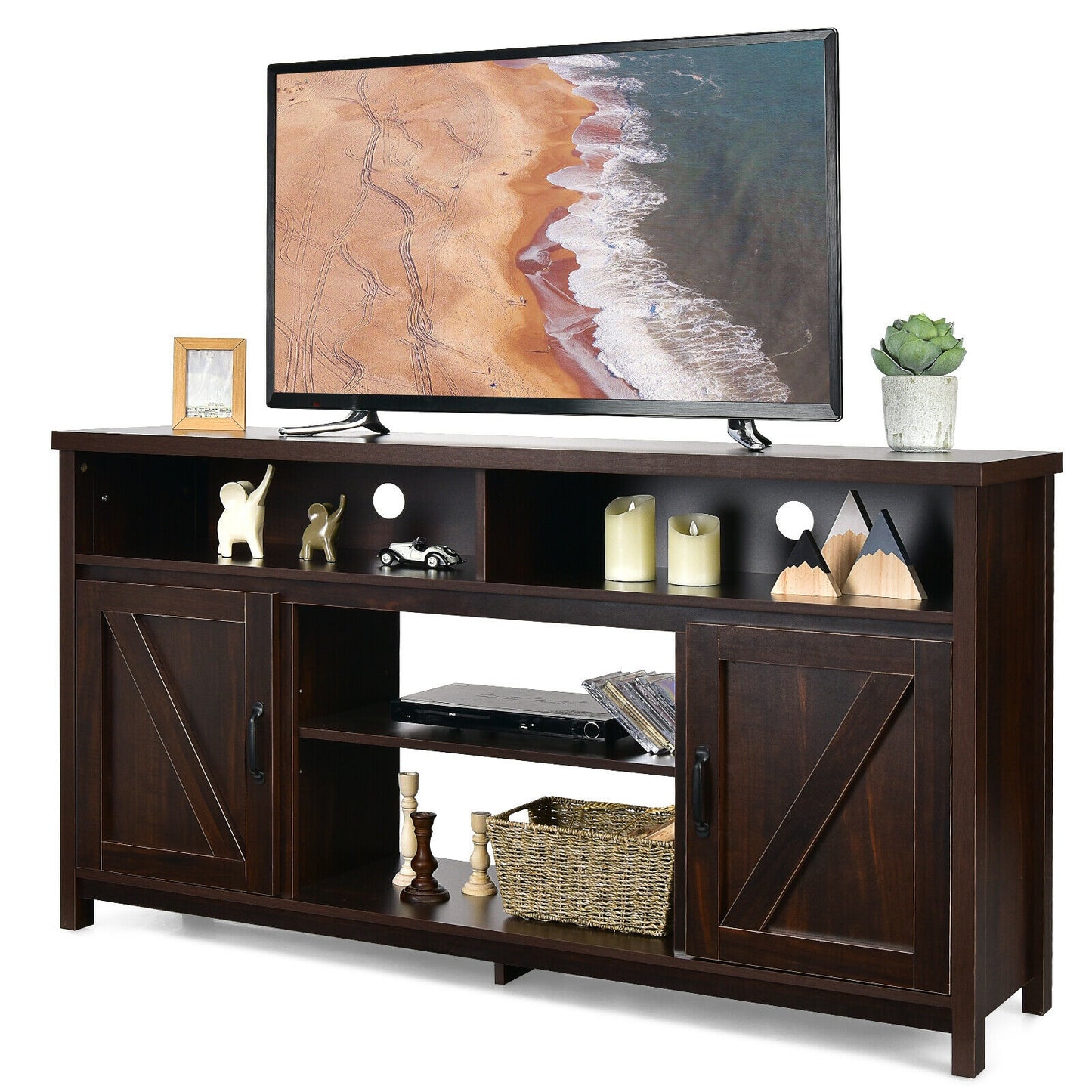 Rustic 59 Inch TV Stand with Sliding Barn Doors and Adjustable Storage for TVs Up to 65 Inches - Brown