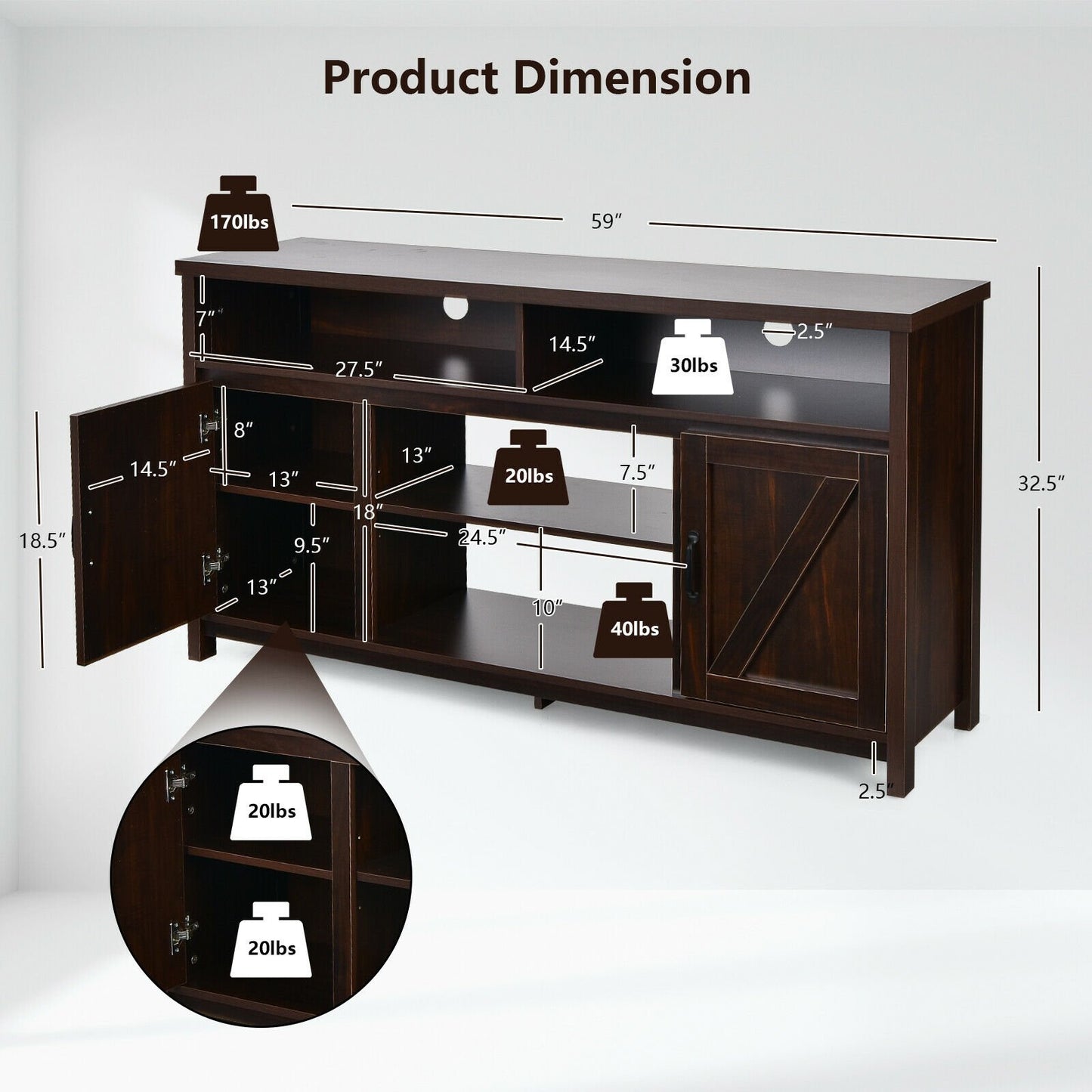 Rustic 59 Inch TV Stand with Sliding Barn Doors and Adjustable Storage for TVs Up to 65 Inches - Brown