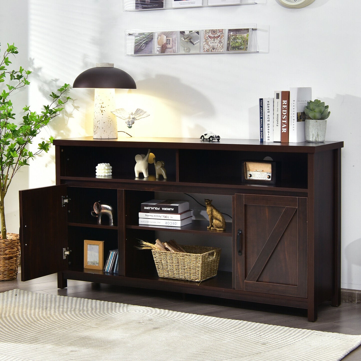 Rustic 59 Inch TV Stand with Sliding Barn Doors and Adjustable Storage for TVs Up to 65 Inches - Brown