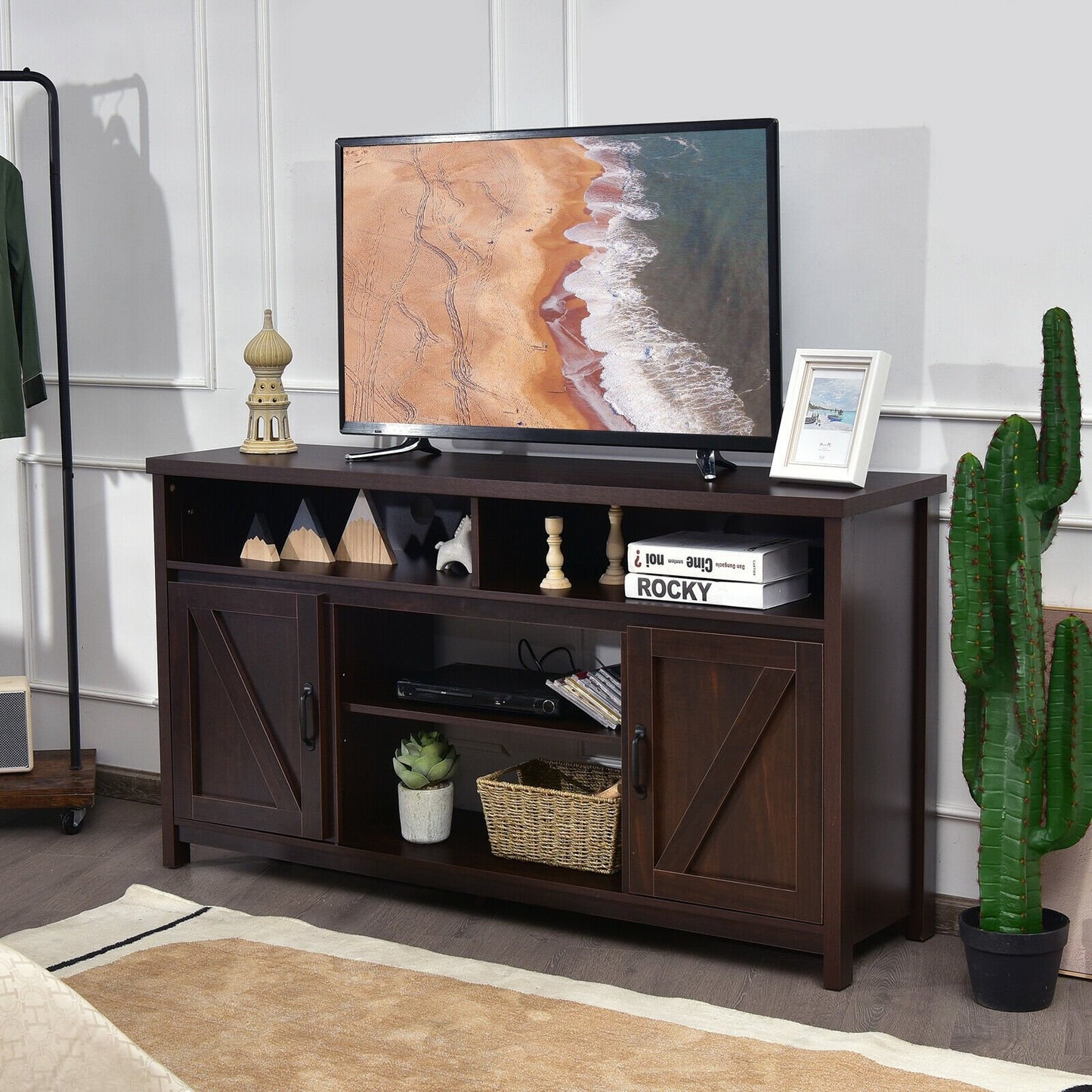 Rustic 59 Inch TV Stand with Sliding Barn Doors and Adjustable Storage for TVs Up to 65 Inches - Brown