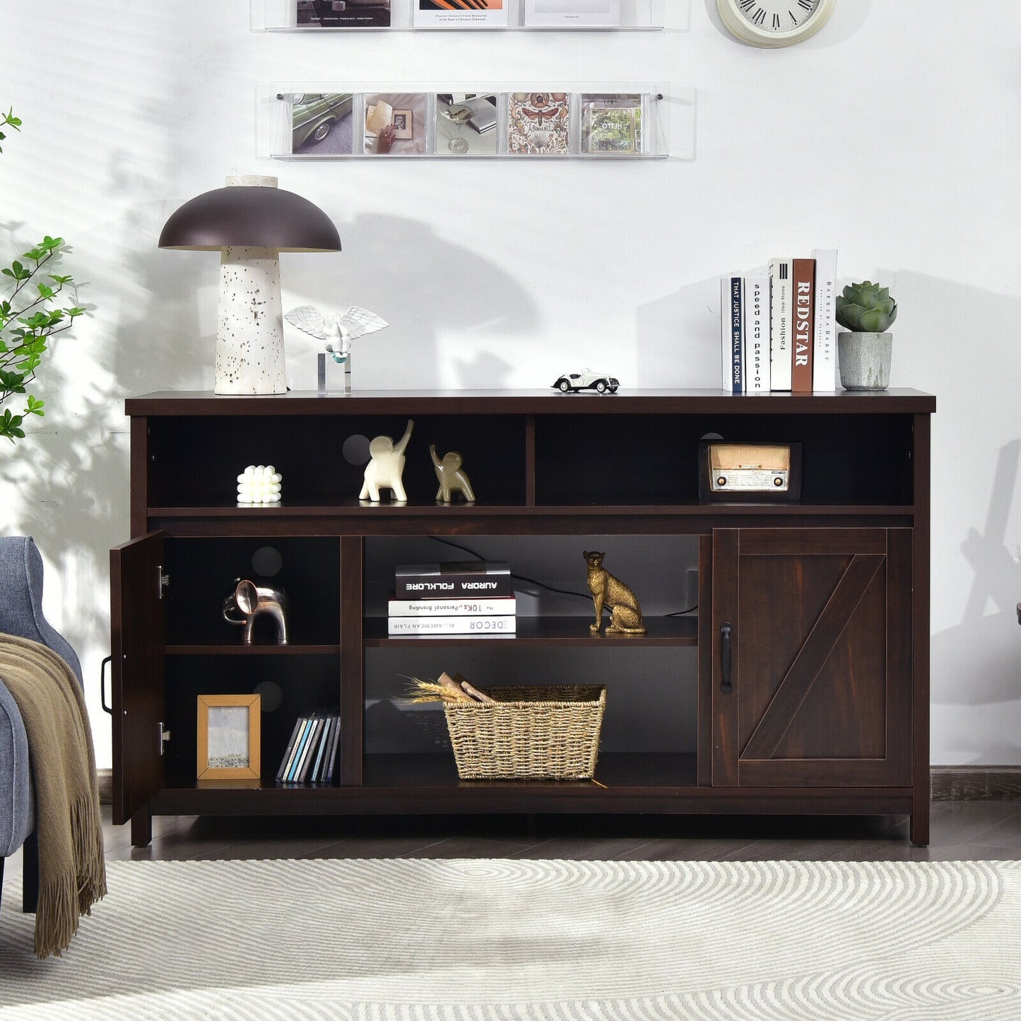 Rustic 59 Inch TV Stand with Sliding Barn Doors and Adjustable Storage for TVs Up to 65 Inches - Brown