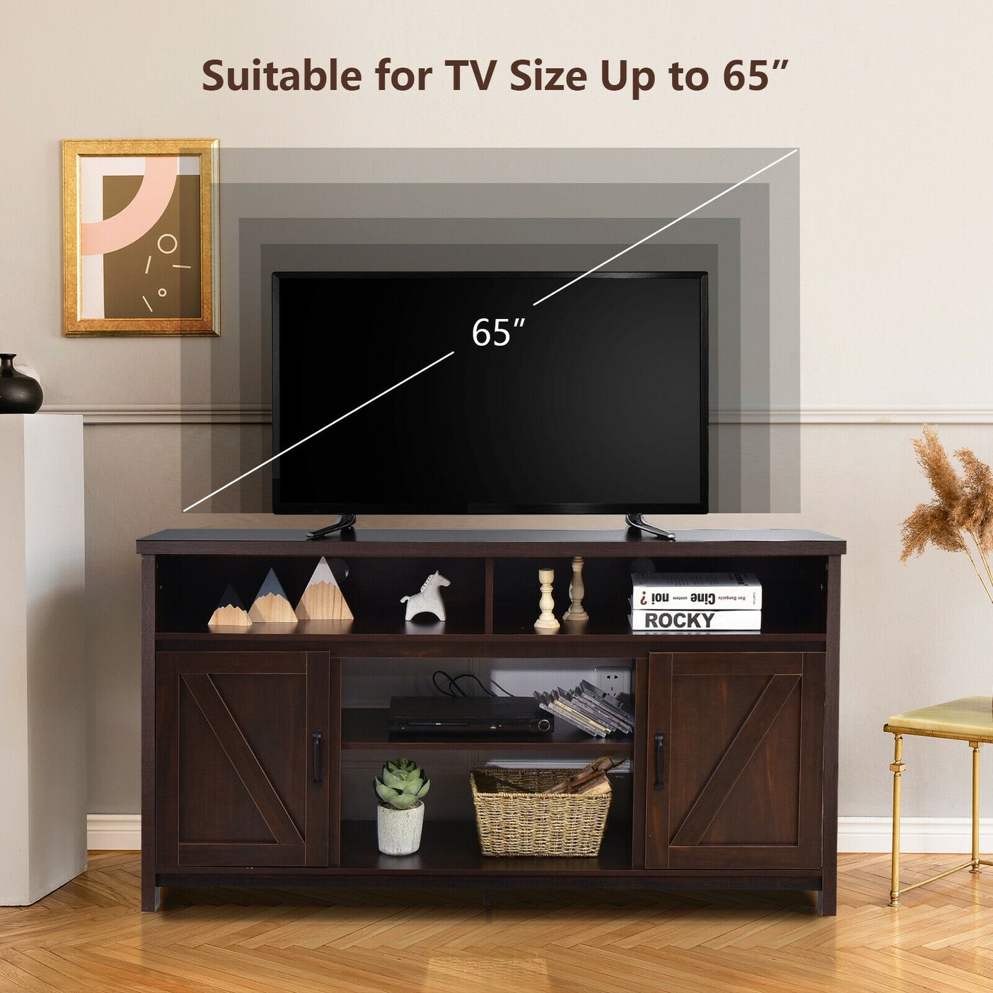 Rustic 59 Inch TV Stand with Sliding Barn Doors and Adjustable Storage for TVs Up to 65 Inches - Brown