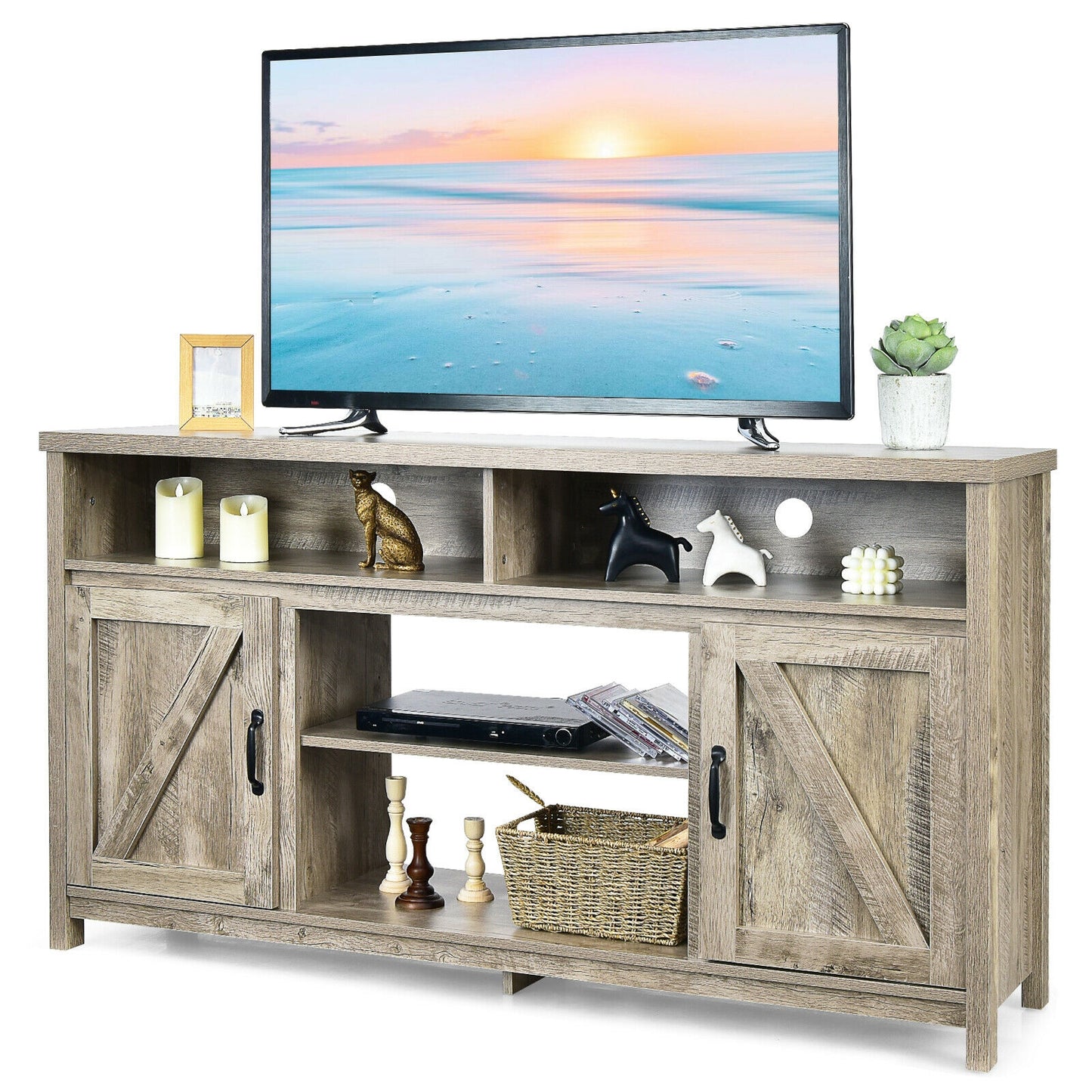 Rustic 59 Inch TV Stand with Sliding Barn Doors and Adjustable Storage for TVs Up to 65 Inches - Natural