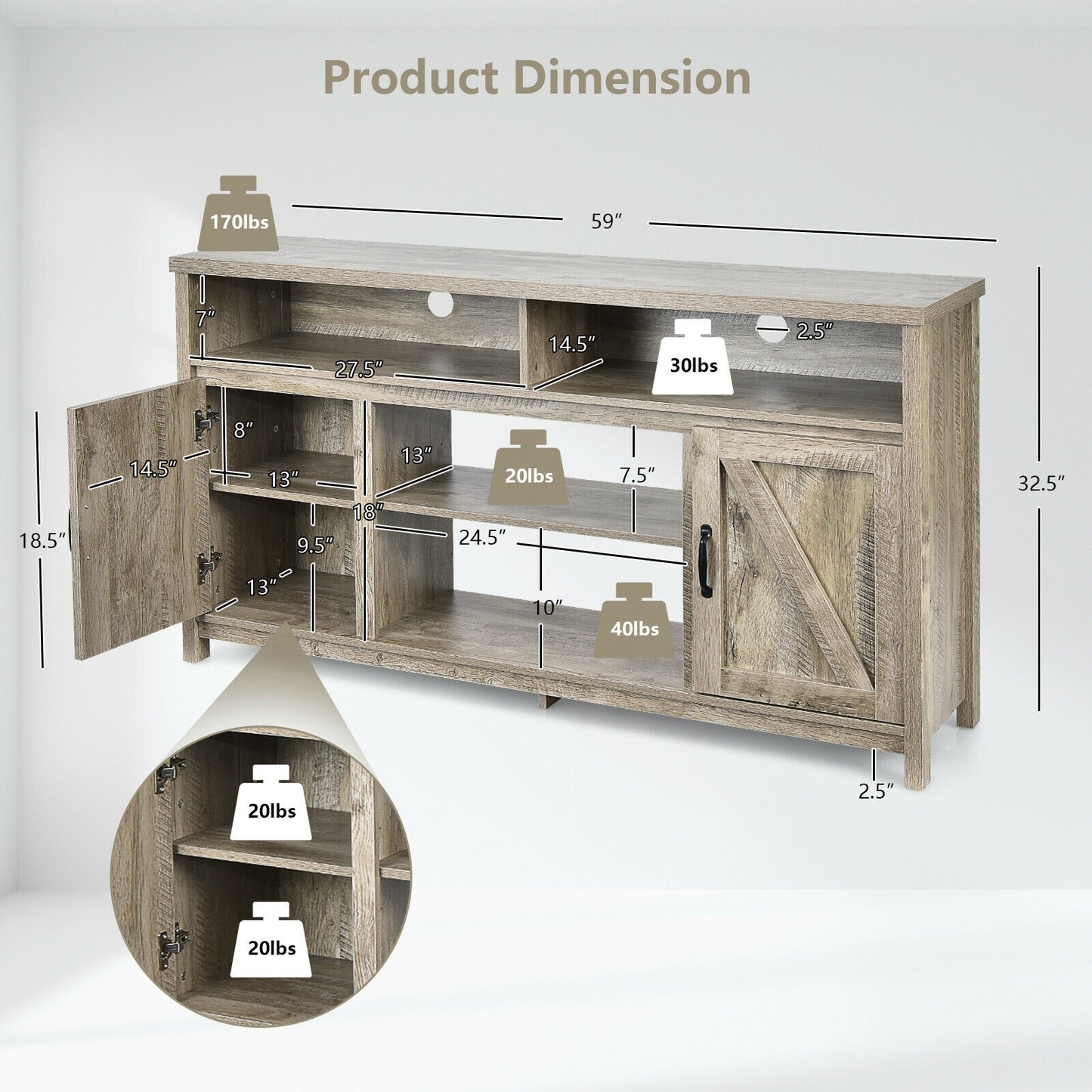 Rustic 59 Inch TV Stand with Sliding Barn Doors and Adjustable Storage for TVs Up to 65 Inches - Natural