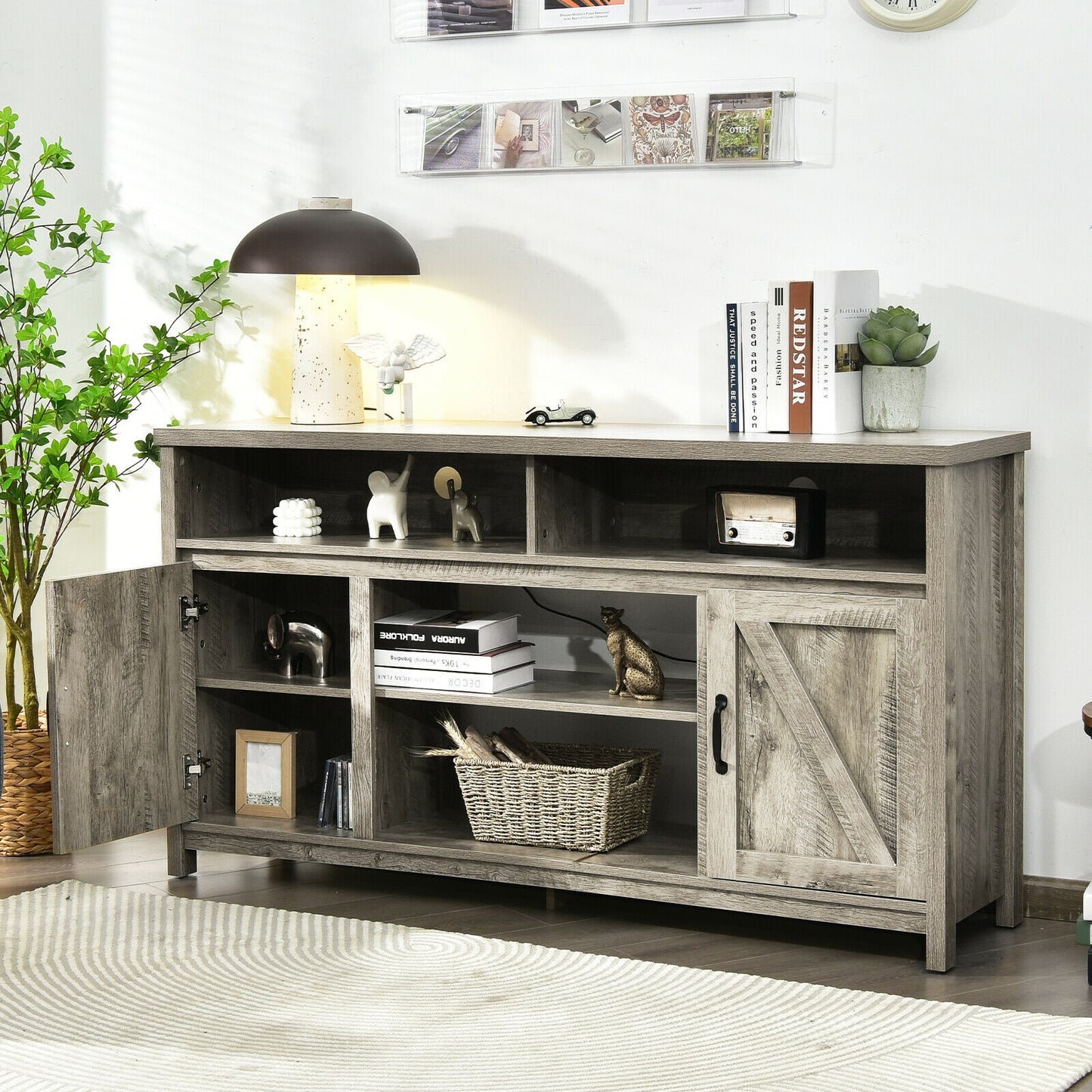 Rustic 59 Inch TV Stand with Sliding Barn Doors and Adjustable Storage for TVs Up to 65 Inches - Natural