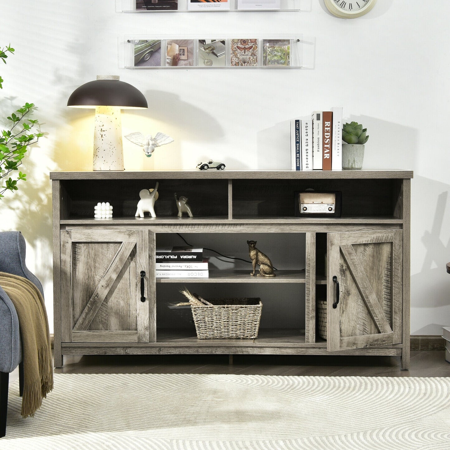 Rustic 59 Inch TV Stand with Sliding Barn Doors and Adjustable Storage for TVs Up to 65 Inches - Natural
