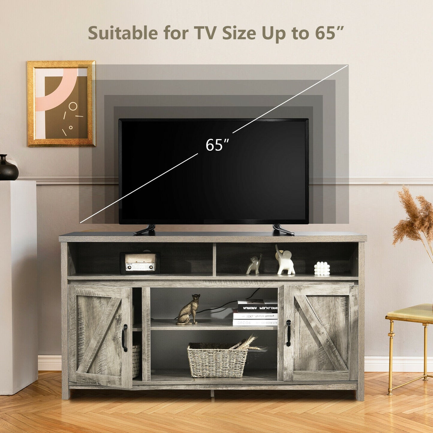 Rustic 59 Inch TV Stand with Sliding Barn Doors and Adjustable Storage for TVs Up to 65 Inches - Natural
