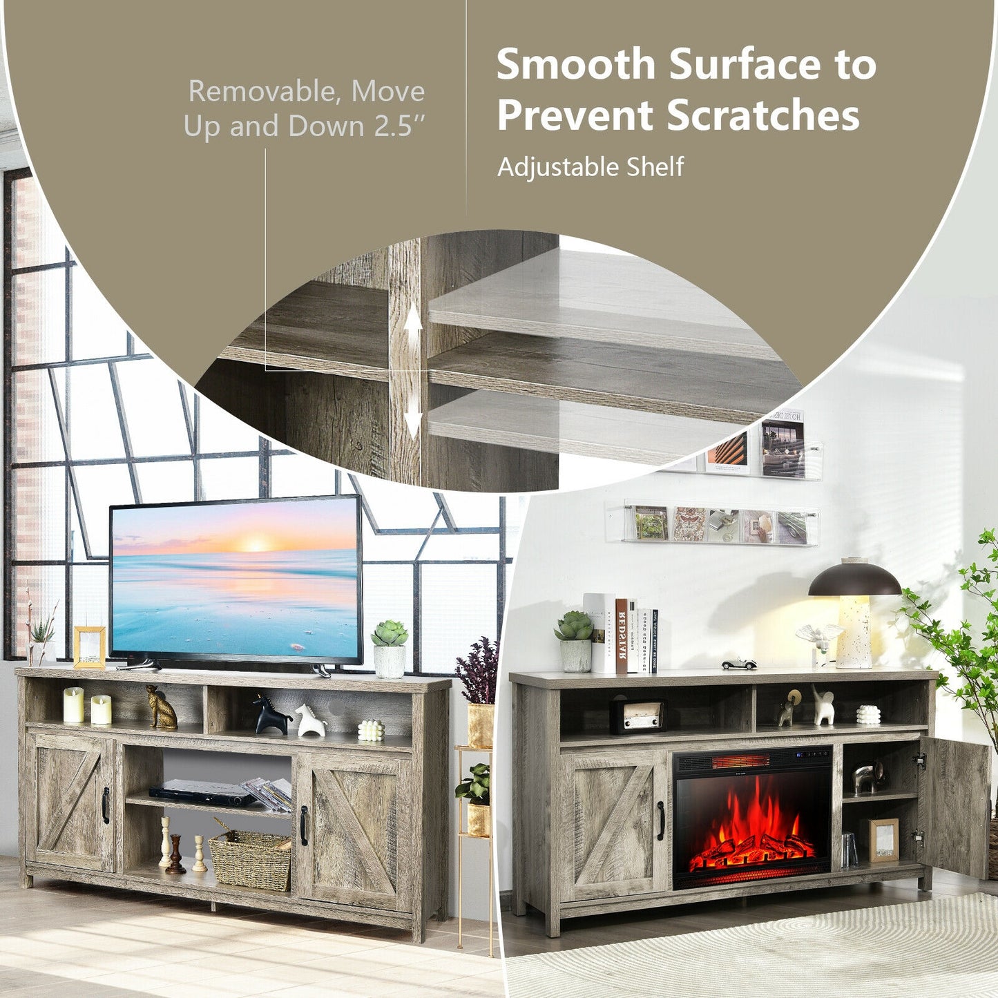 Rustic 59 Inch TV Stand with Sliding Barn Doors and Adjustable Storage for TVs Up to 65 Inches - Natural