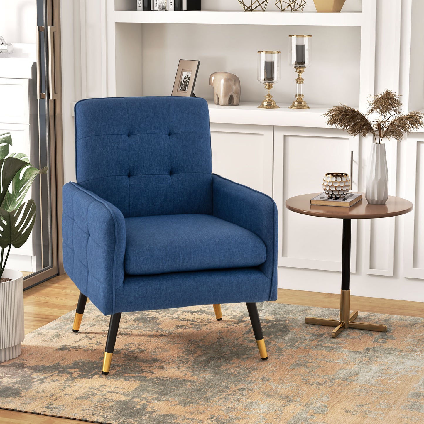 Modern Linen Upholstered Accent Chair with Removable Cushion and Metal Legs in Blue