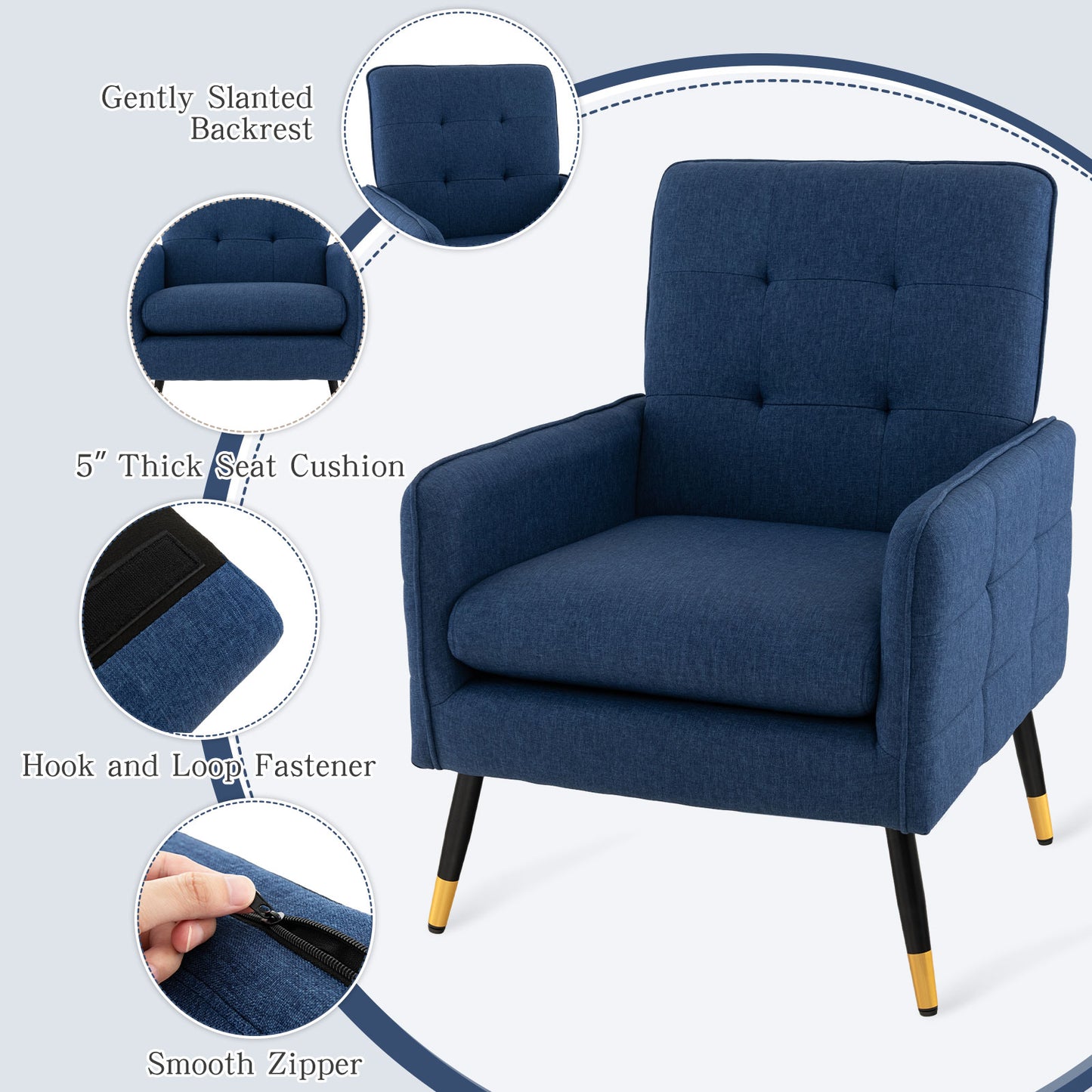 Modern Linen Upholstered Accent Chair with Removable Cushion and Metal Legs in Blue