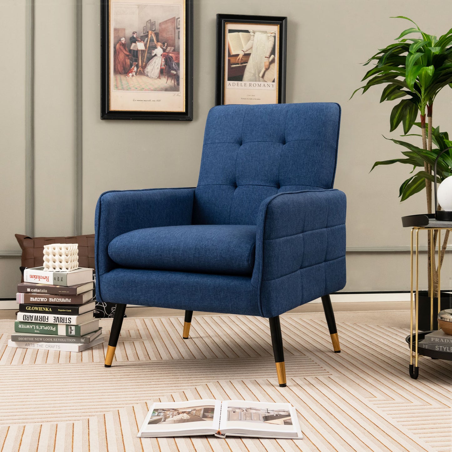 Modern Linen Upholstered Accent Chair with Removable Cushion and Metal Legs in Blue