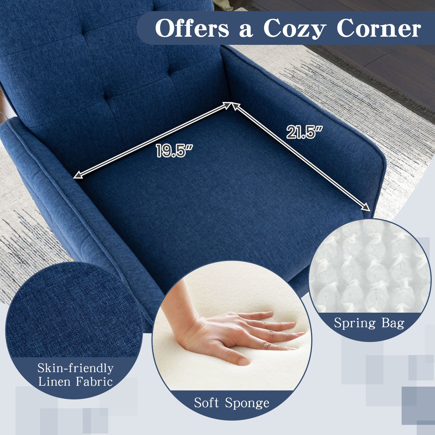Modern Linen Upholstered Accent Chair with Removable Cushion and Metal Legs in Blue