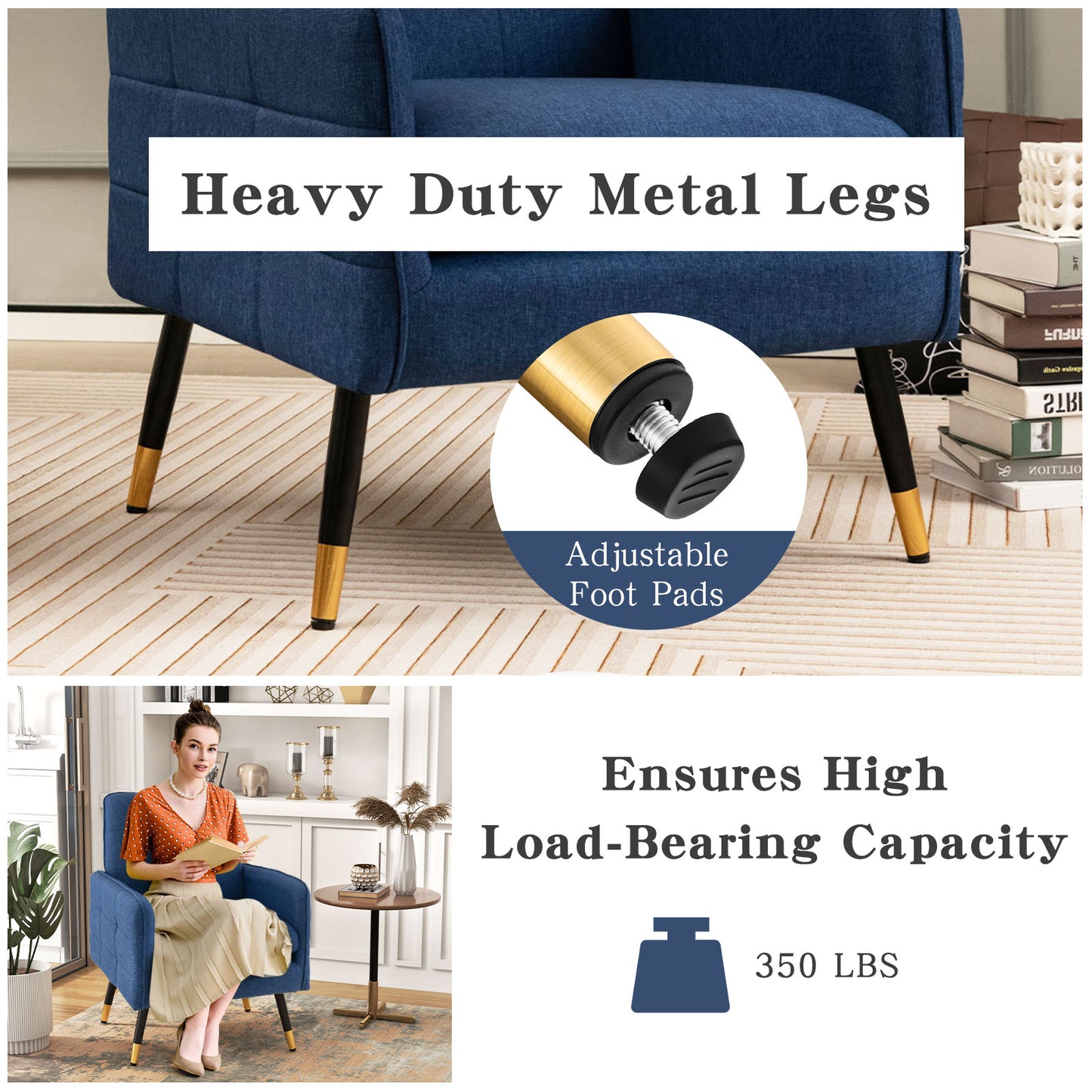 Modern Linen Upholstered Accent Chair with Removable Cushion and Metal Legs in Blue