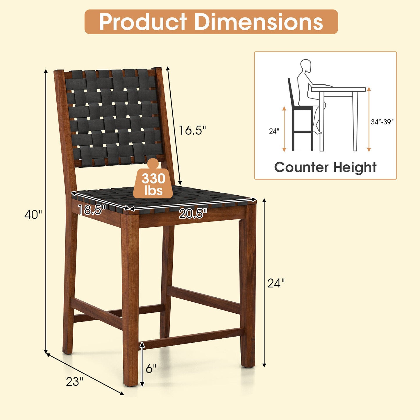 2-Piece Bar Stool Set with Woven Faux Leather Straps and Wooden Frame