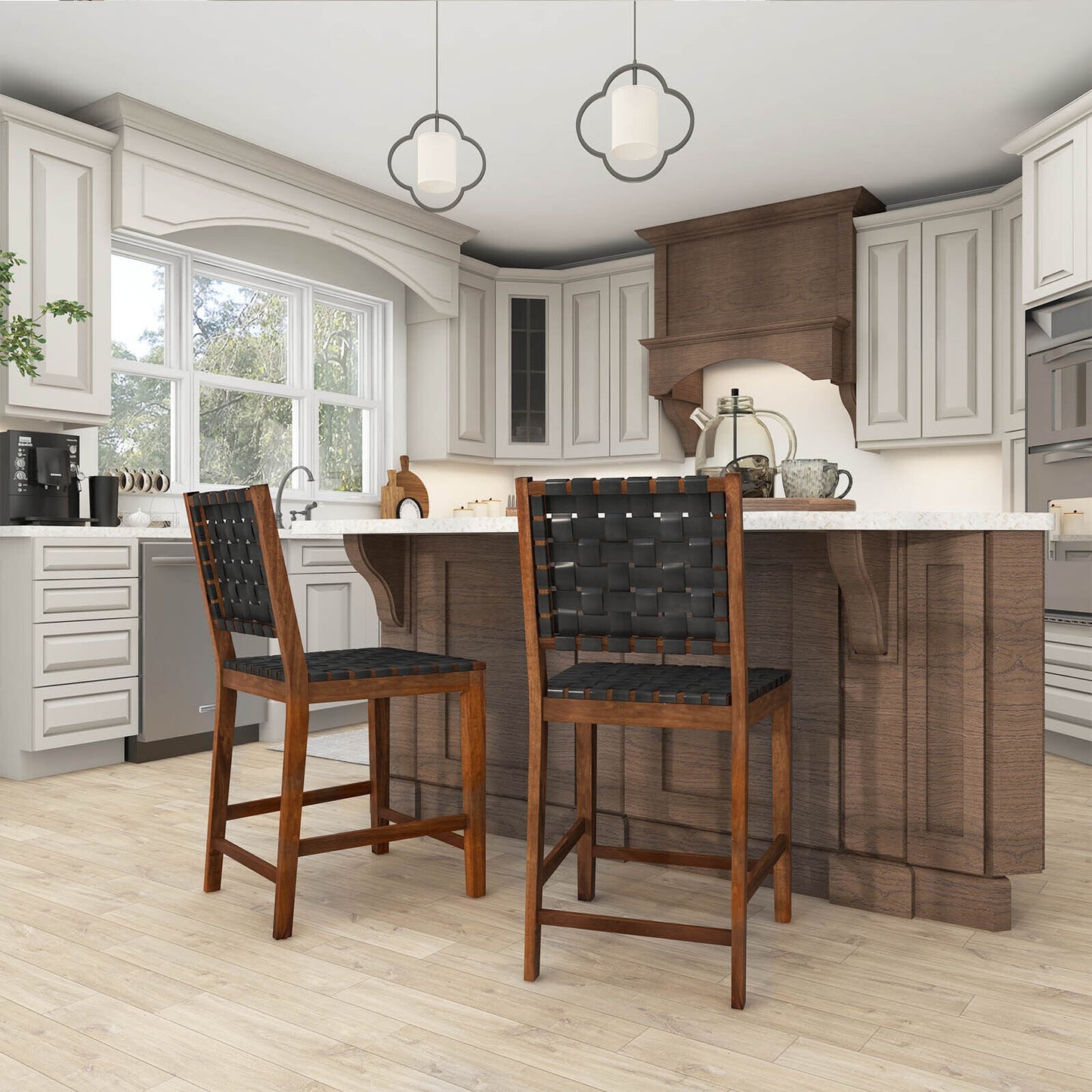 2-Piece Bar Stool Set with Woven Faux Leather Straps and Wooden Frame