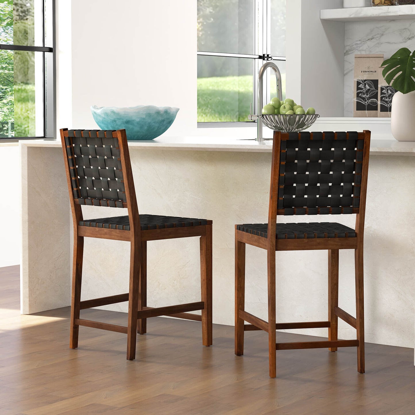 2-Piece Bar Stool Set with Woven Faux Leather Straps and Wooden Frame