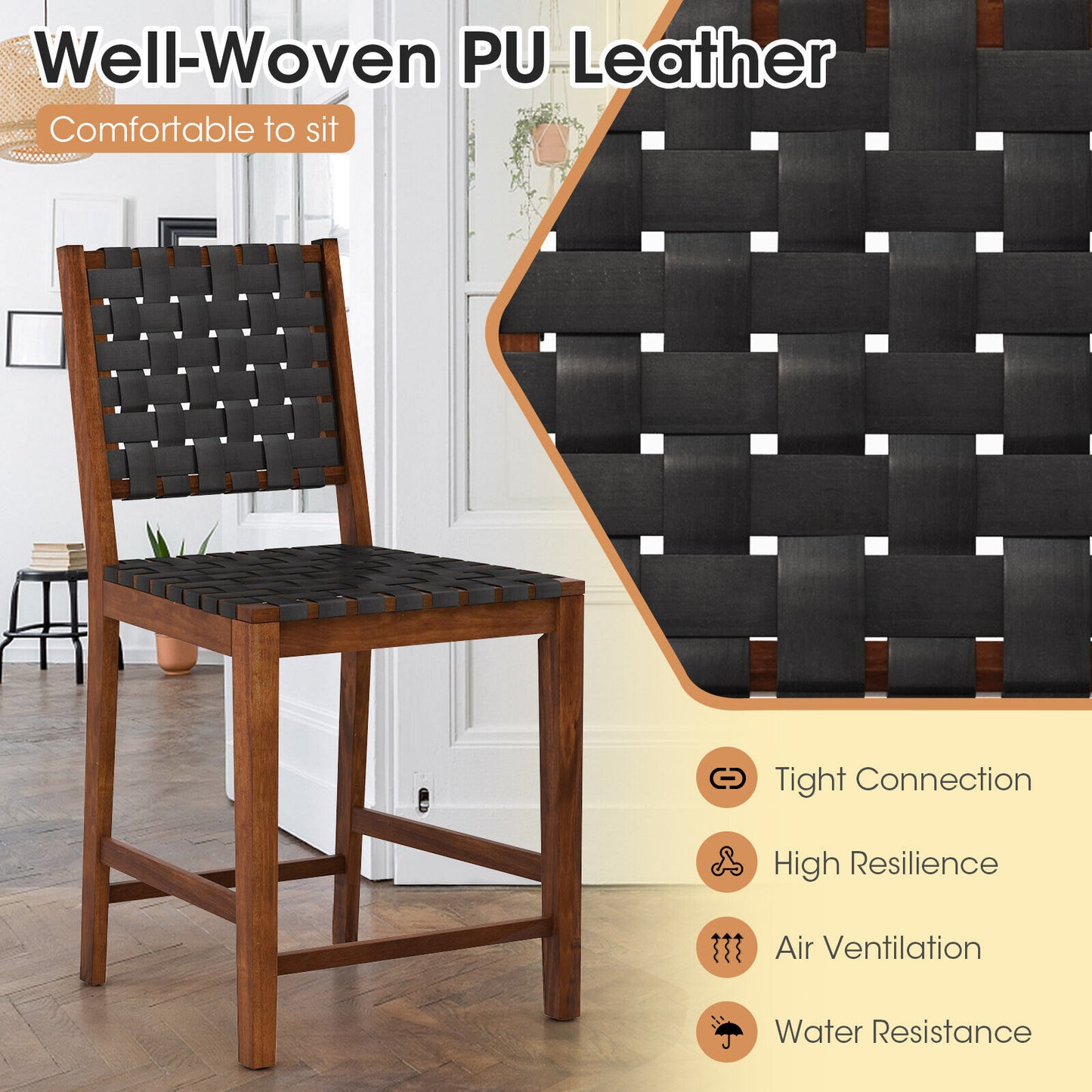 2-Piece Bar Stool Set with Woven Faux Leather Straps and Wooden Frame