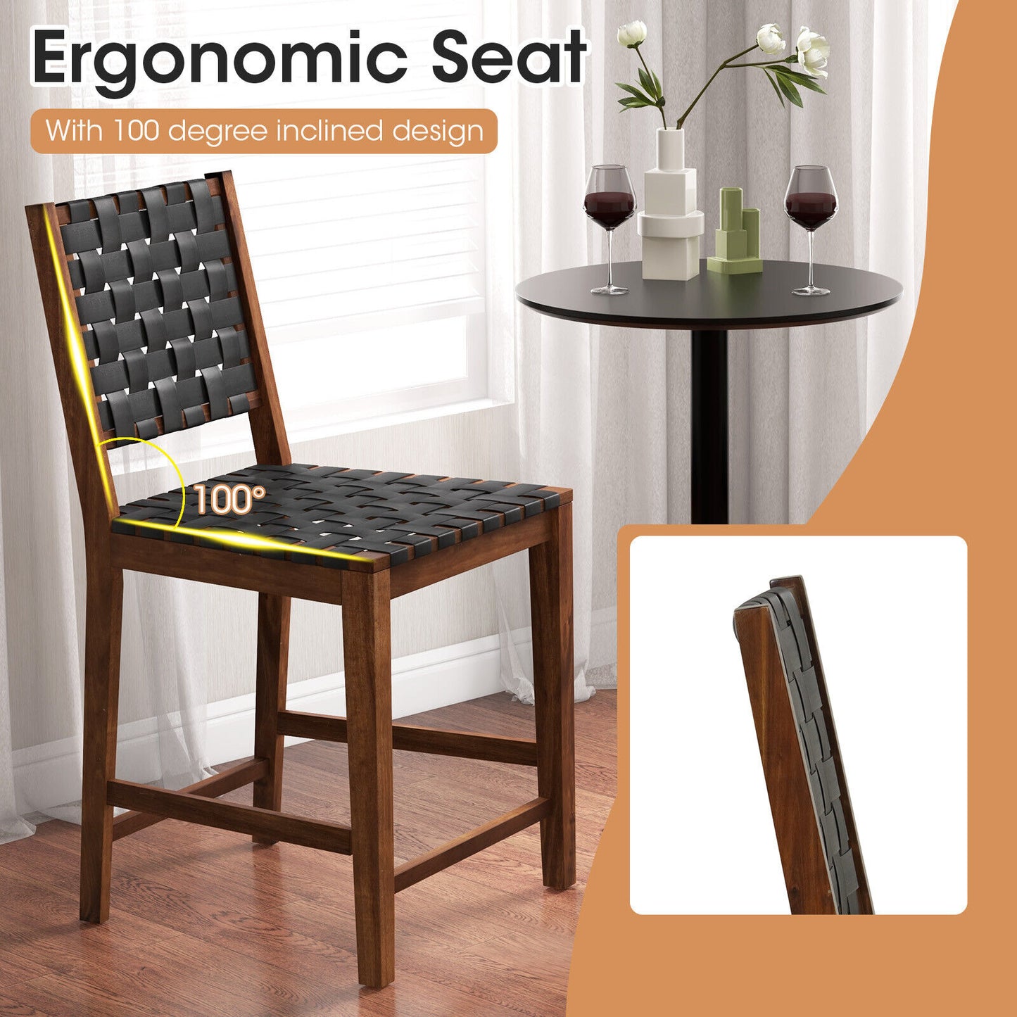 2-Piece Bar Stool Set with Woven Faux Leather Straps and Wooden Frame