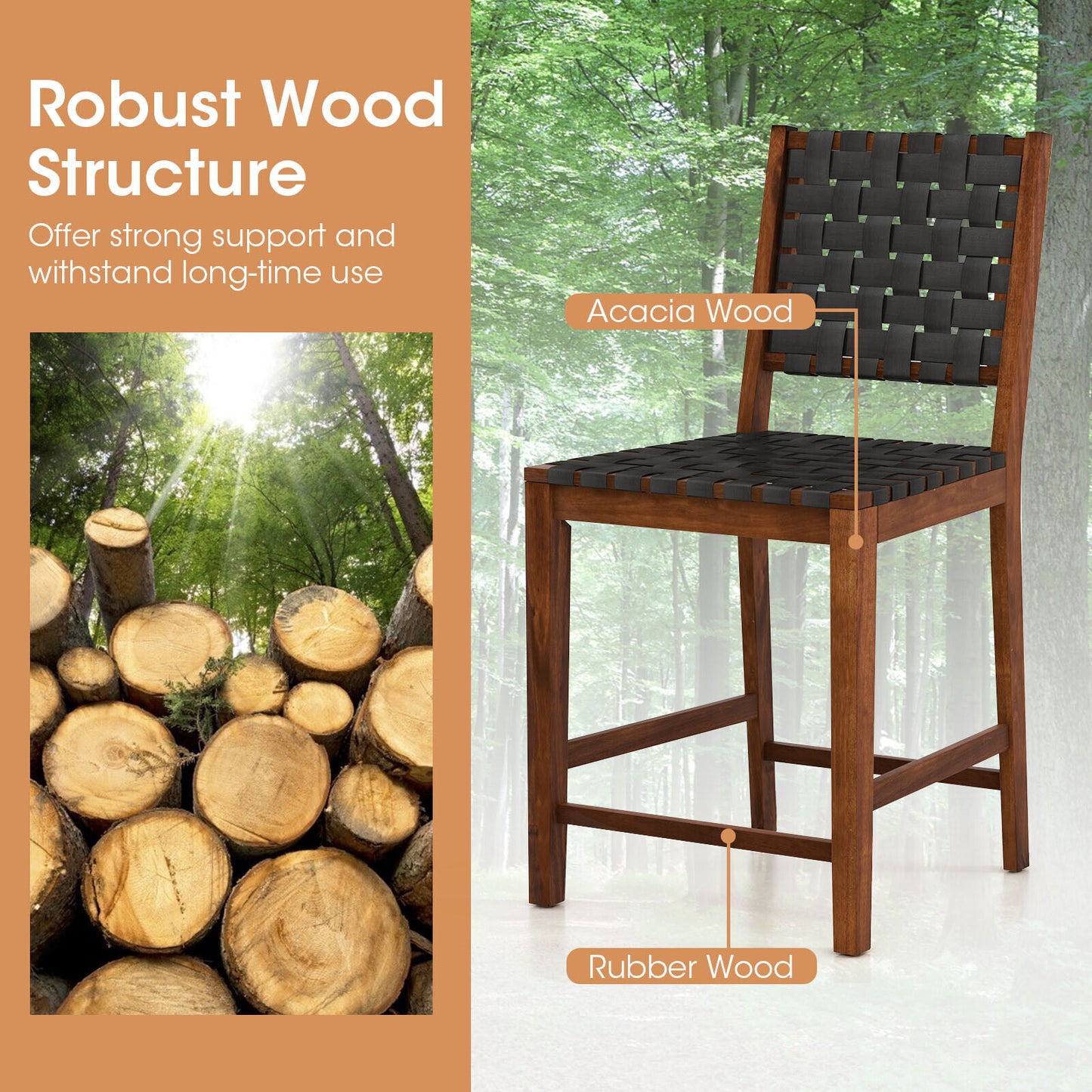 2-Piece Bar Stool Set with Woven Faux Leather Straps and Wooden Frame