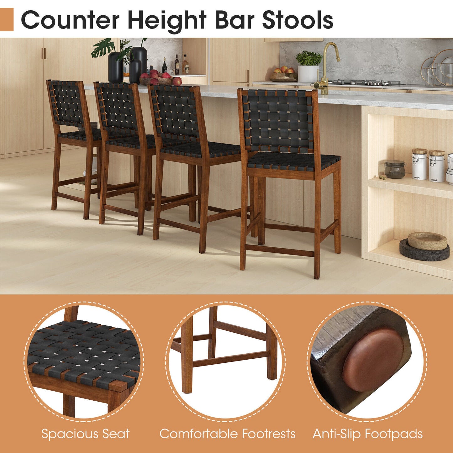 2-Piece Bar Stool Set with Woven Faux Leather Straps and Wooden Frame