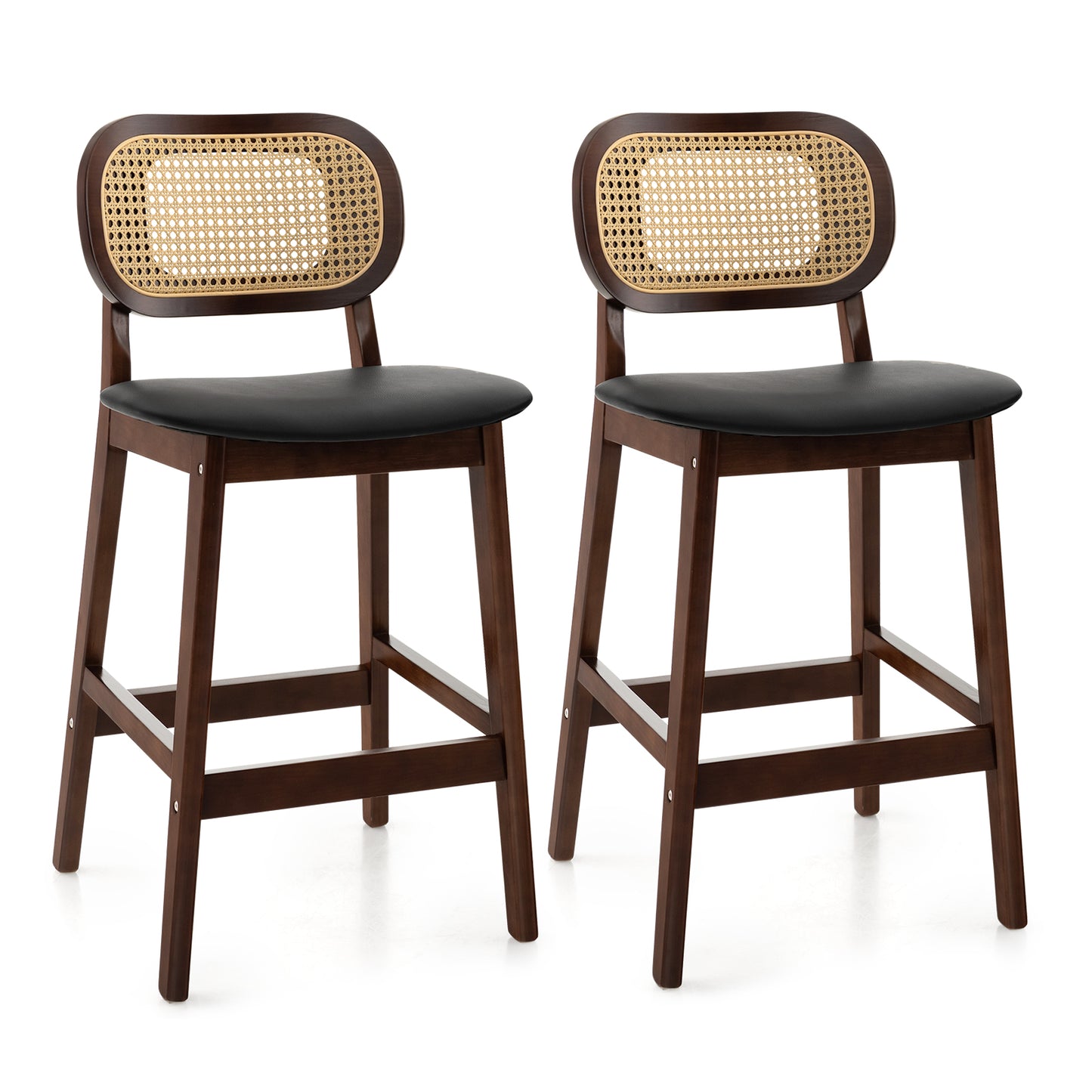 Set of 2 Wood Bar Stools with PE Rattan Backrest and Cushioned PU Leather Seat