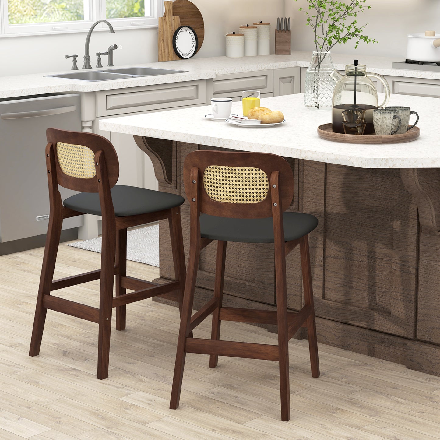 Set of 2 Wood Bar Stools with PE Rattan Backrest and Cushioned PU Leather Seat
