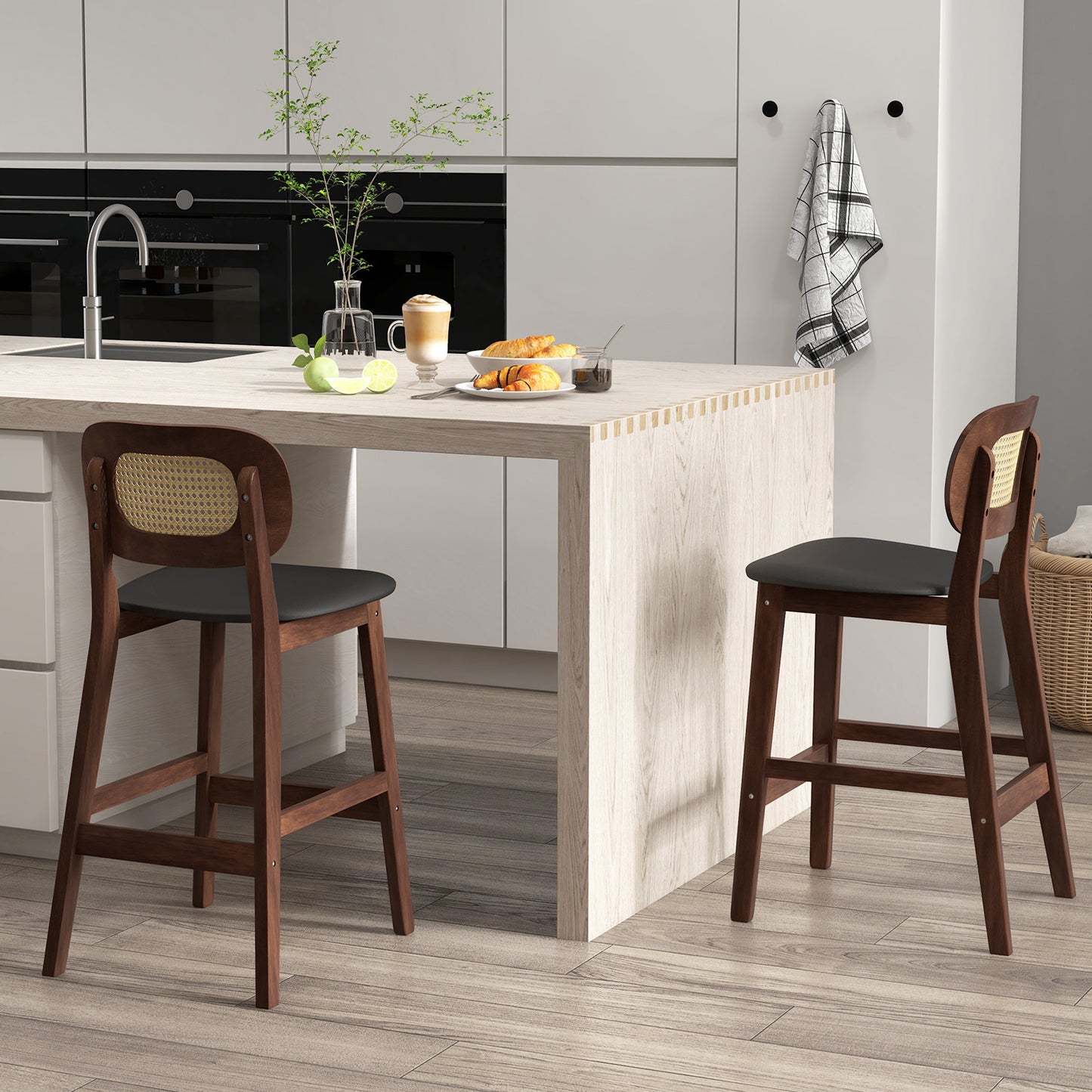 Set of 2 Wood Bar Stools with PE Rattan Backrest and Cushioned PU Leather Seat