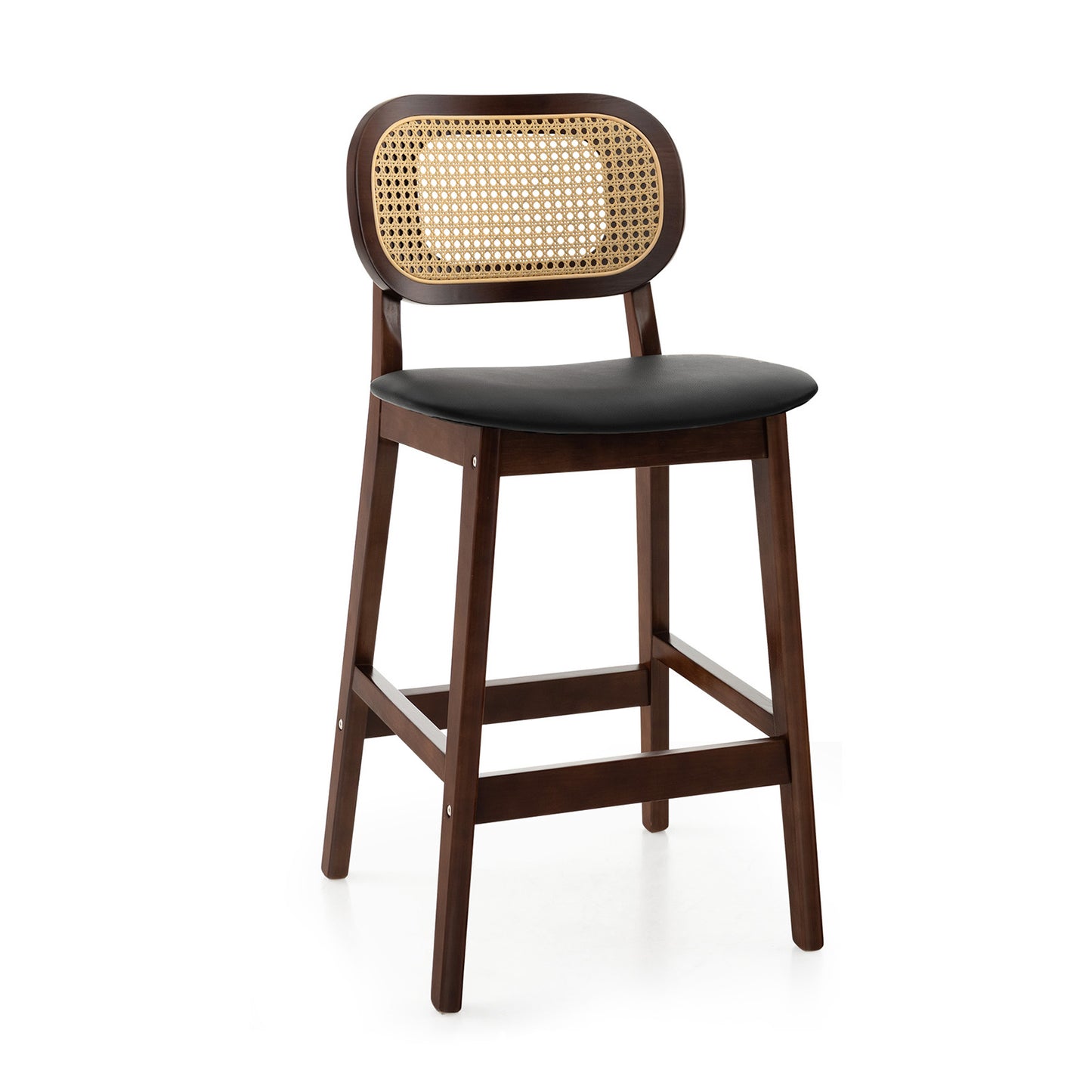 Set of 2 Wood Bar Stools with PE Rattan Backrest and Cushioned PU Leather Seat