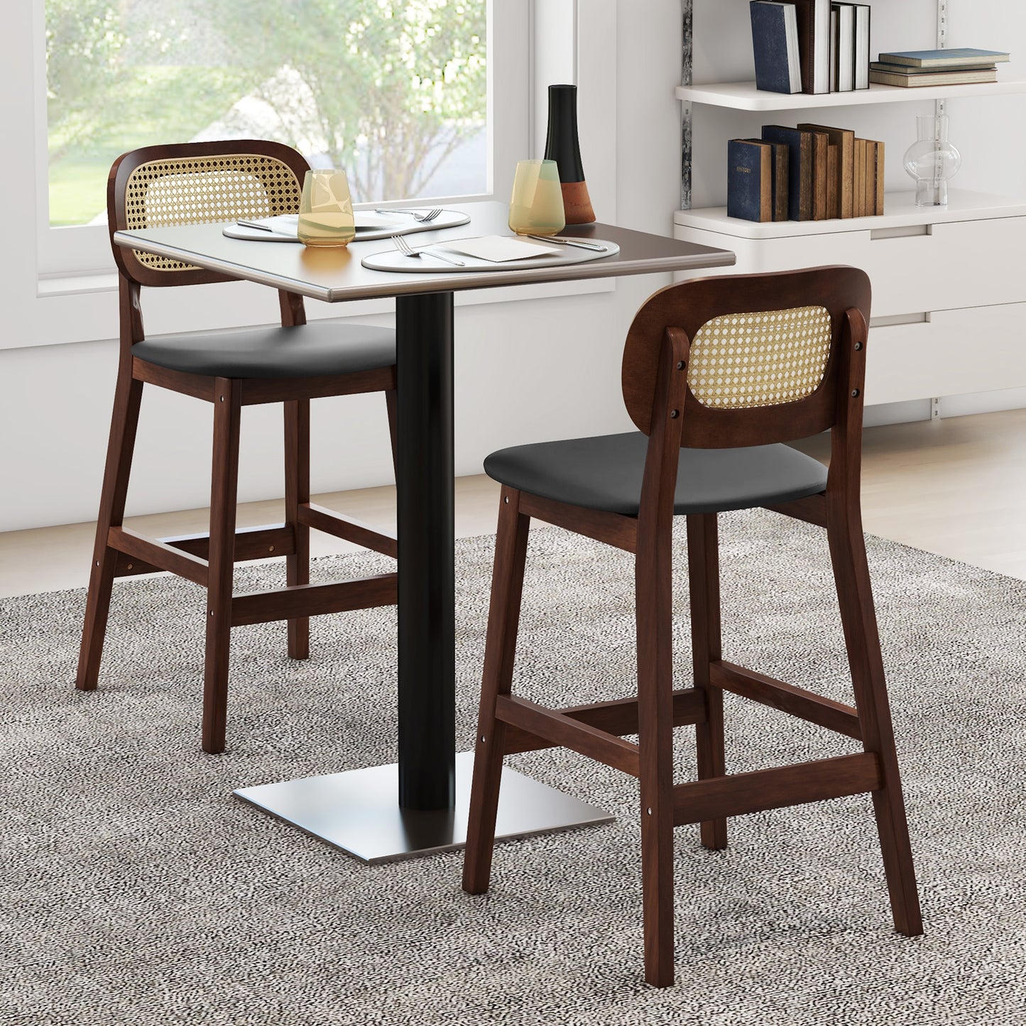 Set of 2 Wood Bar Stools with PE Rattan Backrest and Cushioned PU Leather Seat