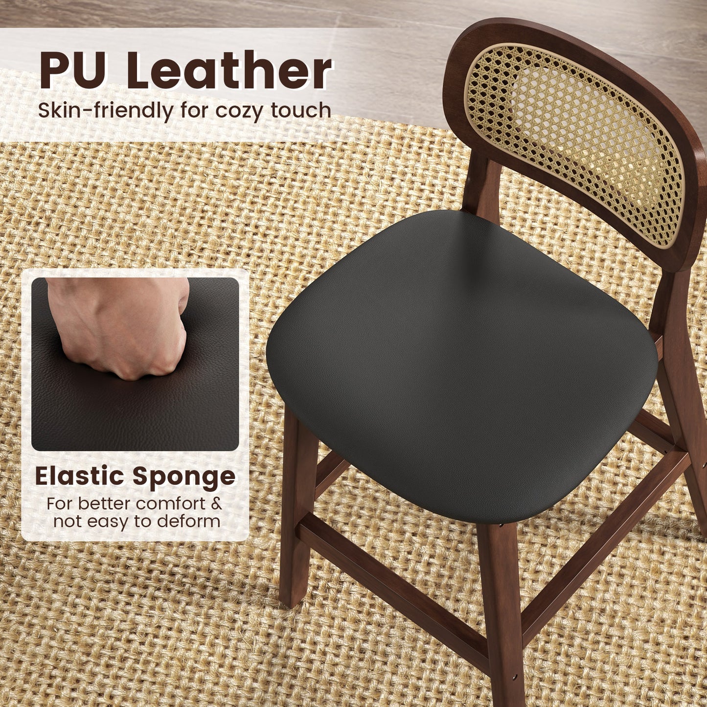 Set of 2 Wood Bar Stools with PE Rattan Backrest and Cushioned PU Leather Seat