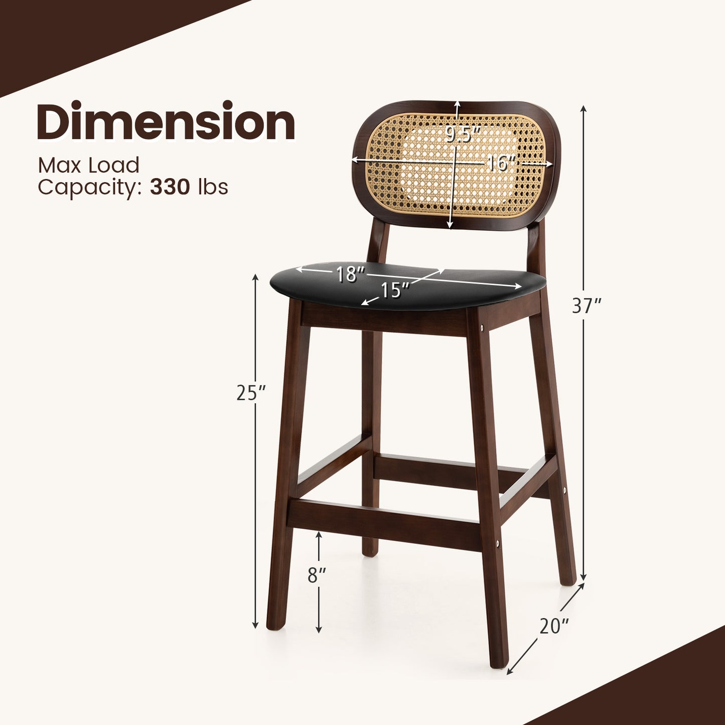 Set of 2 Wood Bar Stools with PE Rattan Backrest and Cushioned PU Leather Seat