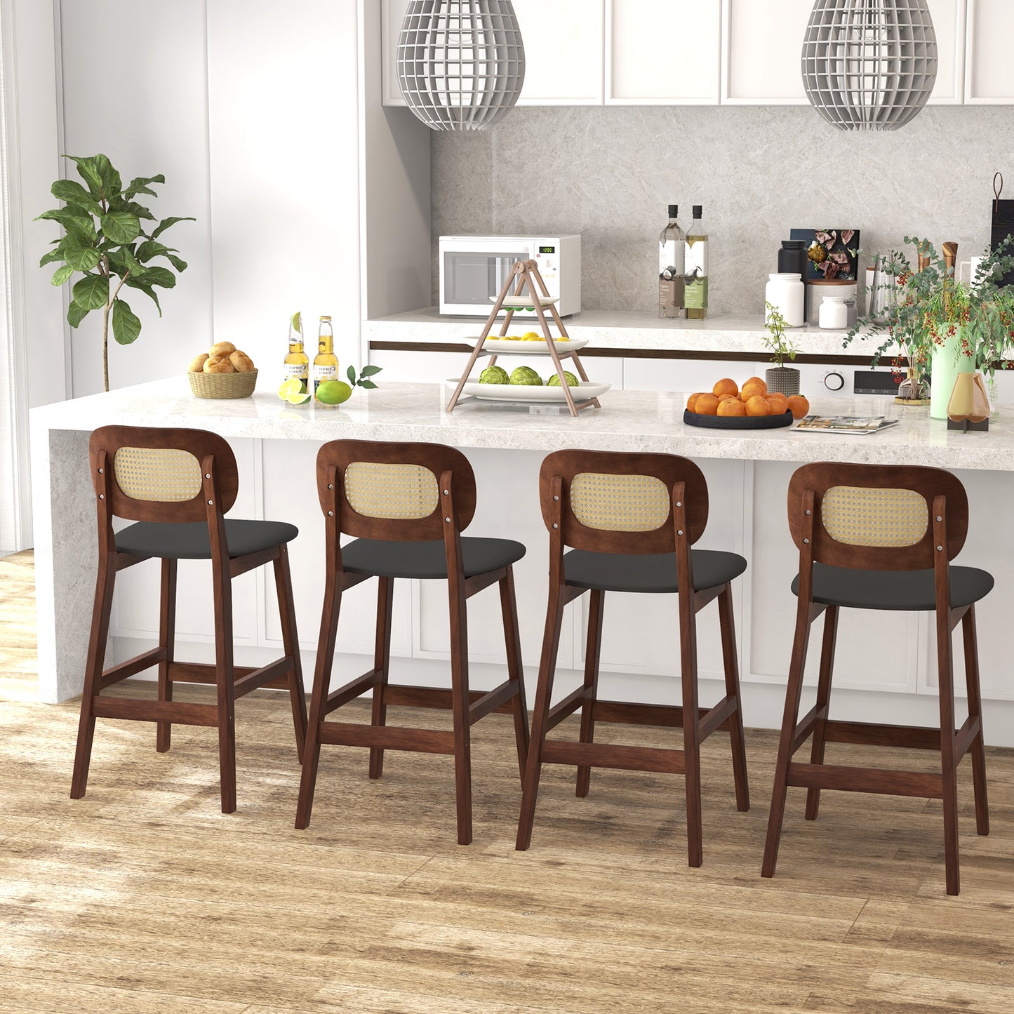 Set of 2 Wood Bar Stools with PE Rattan Backrest and Cushioned PU Leather Seat