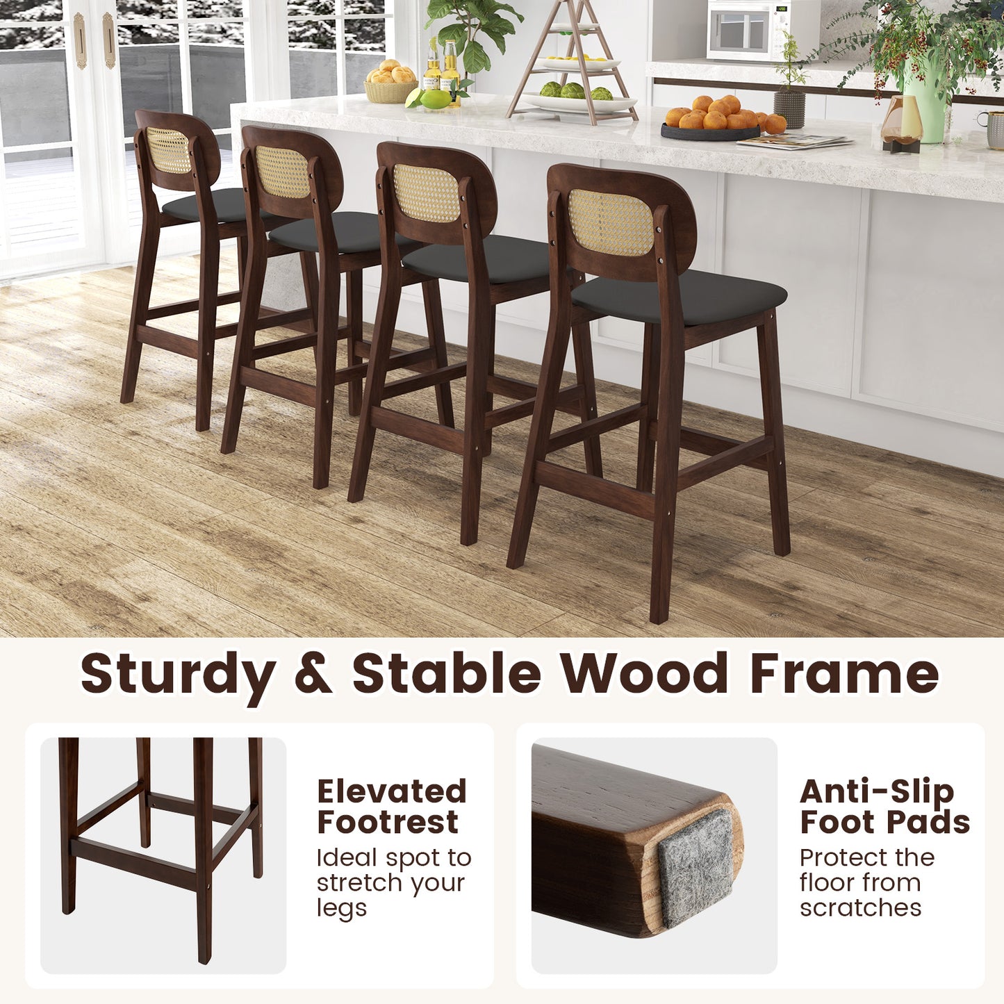 Set of 2 Wood Bar Stools with PE Rattan Backrest and Cushioned PU Leather Seat