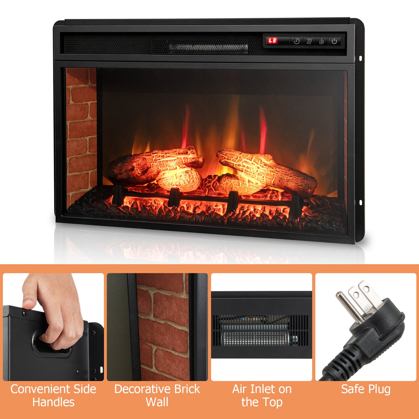 26 Inch Infrared Electric Fireplace Insert with Remote Control & Adjustable Heat