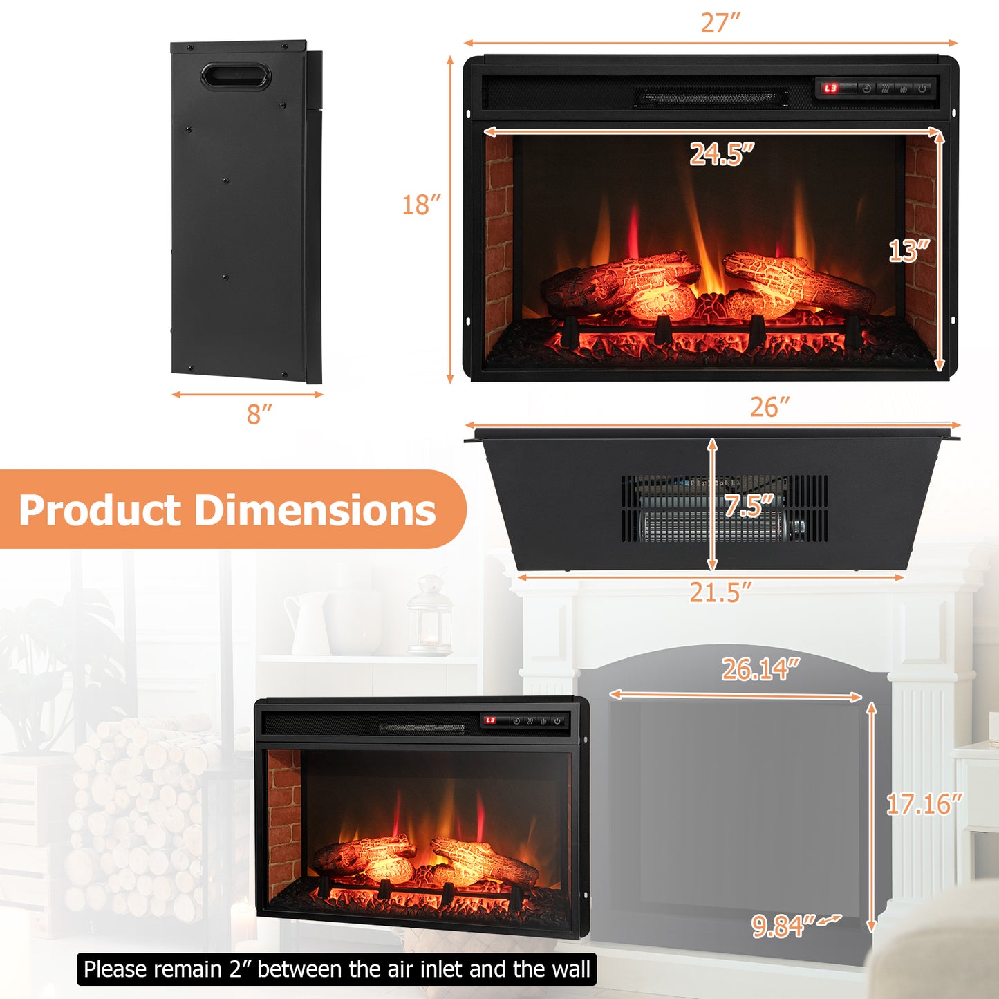 26 Inch Infrared Electric Fireplace Insert with Remote Control & Adjustable Heat