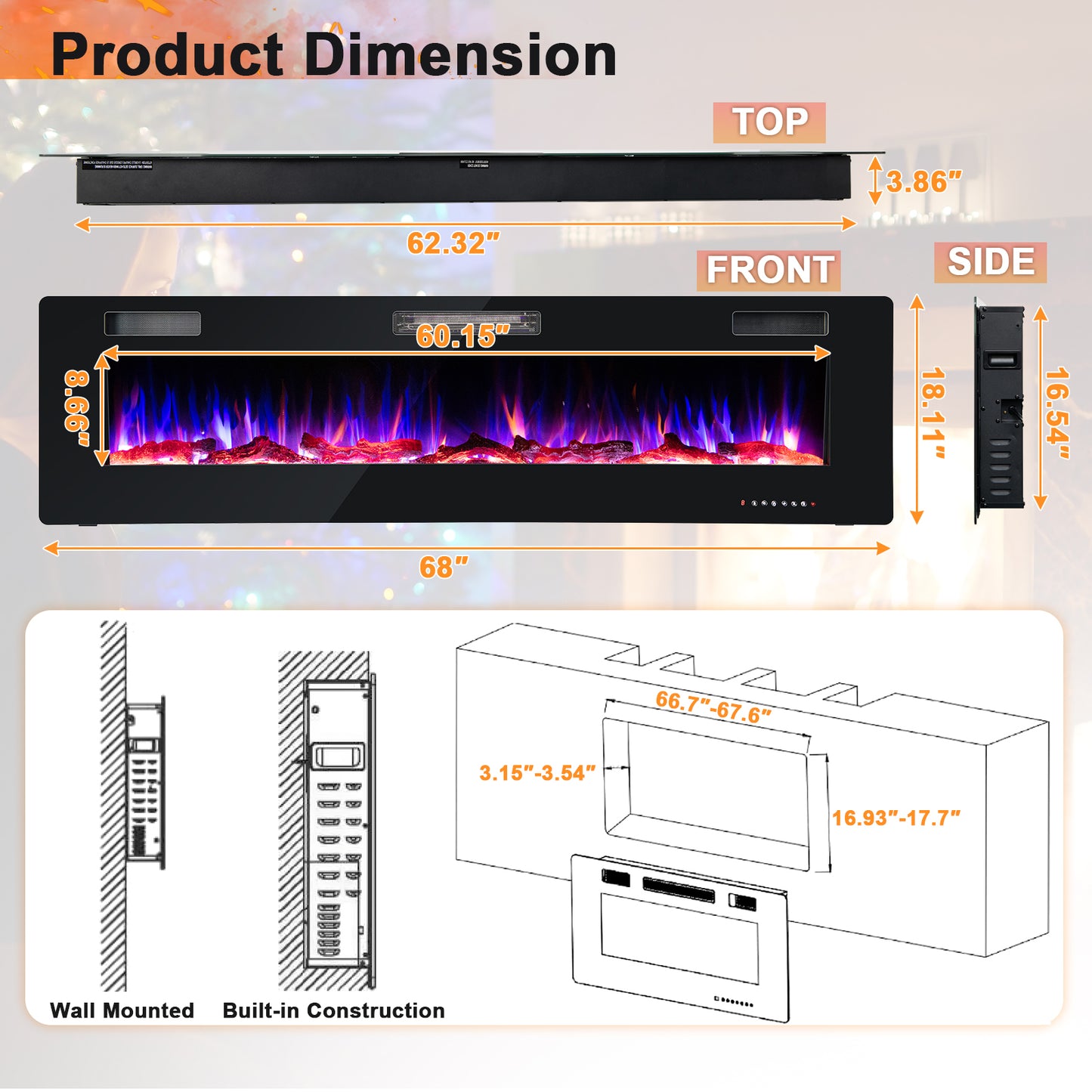 68 Inch Ultra Slim Electric Fireplace with Crystal Log - Wall-Mounted or Recessed