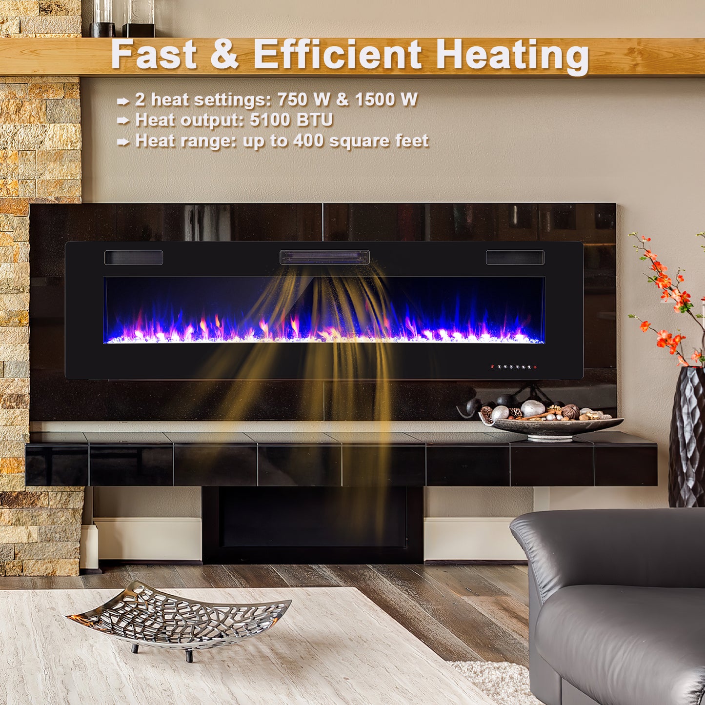 68 Inch Ultra Slim Electric Fireplace with Crystal Log - Wall-Mounted or Recessed