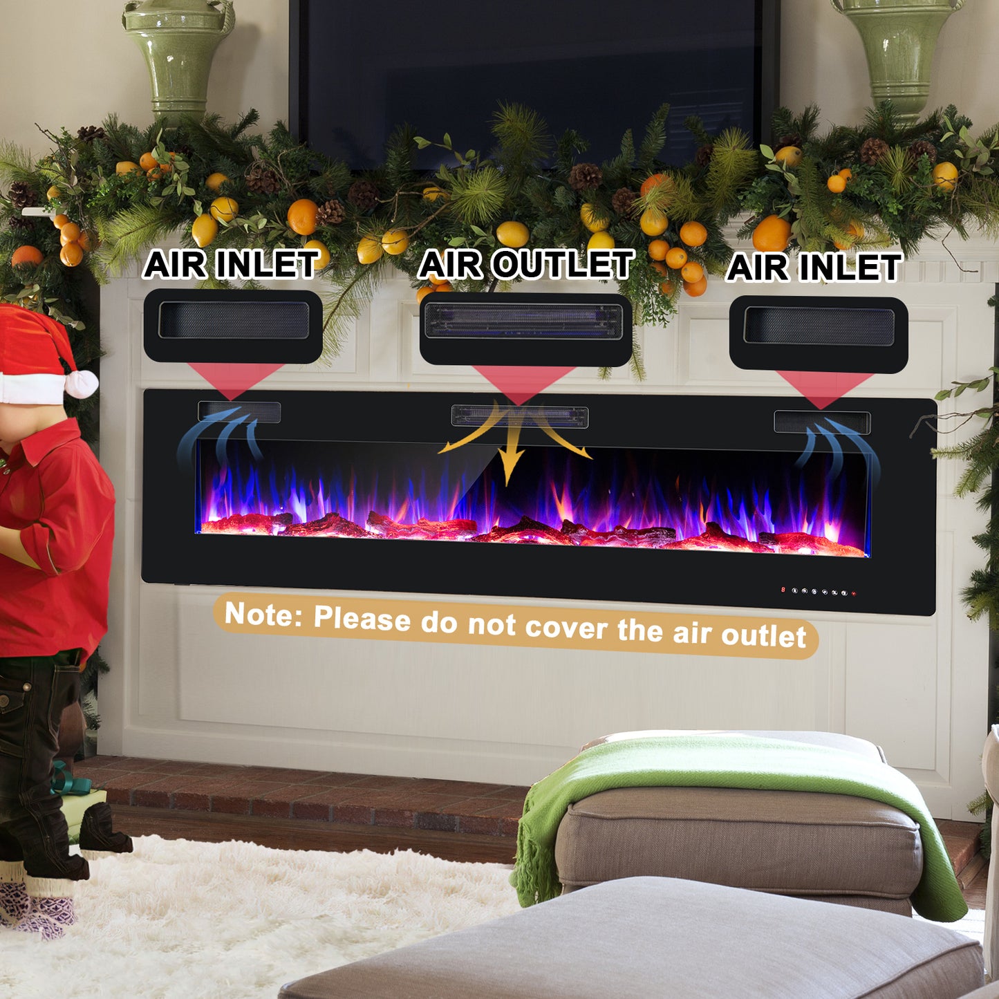 68 Inch Ultra Slim Electric Fireplace with Crystal Log - Wall-Mounted or Recessed